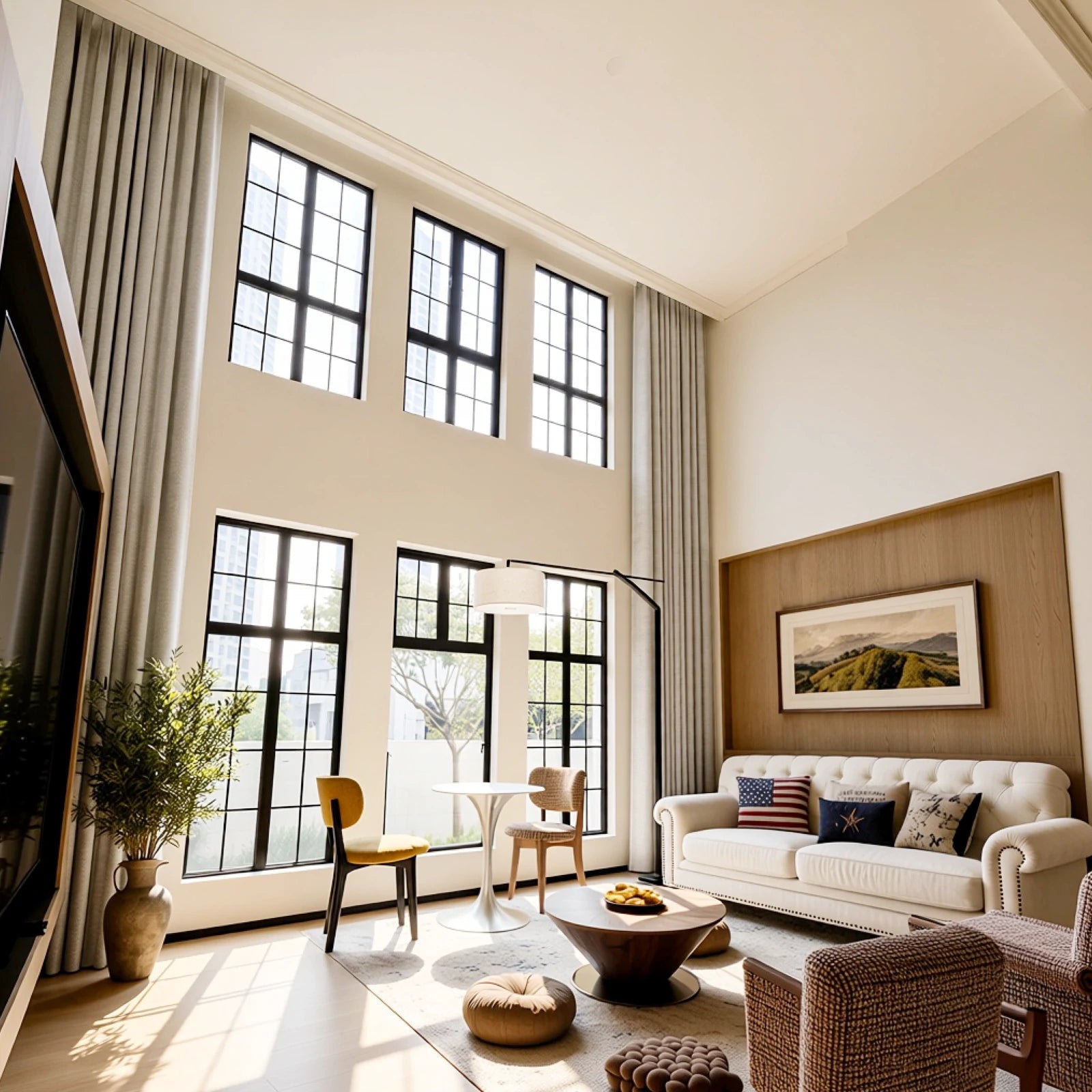 Angled view of off-white Alex blackout curtains on tall black-framed windows