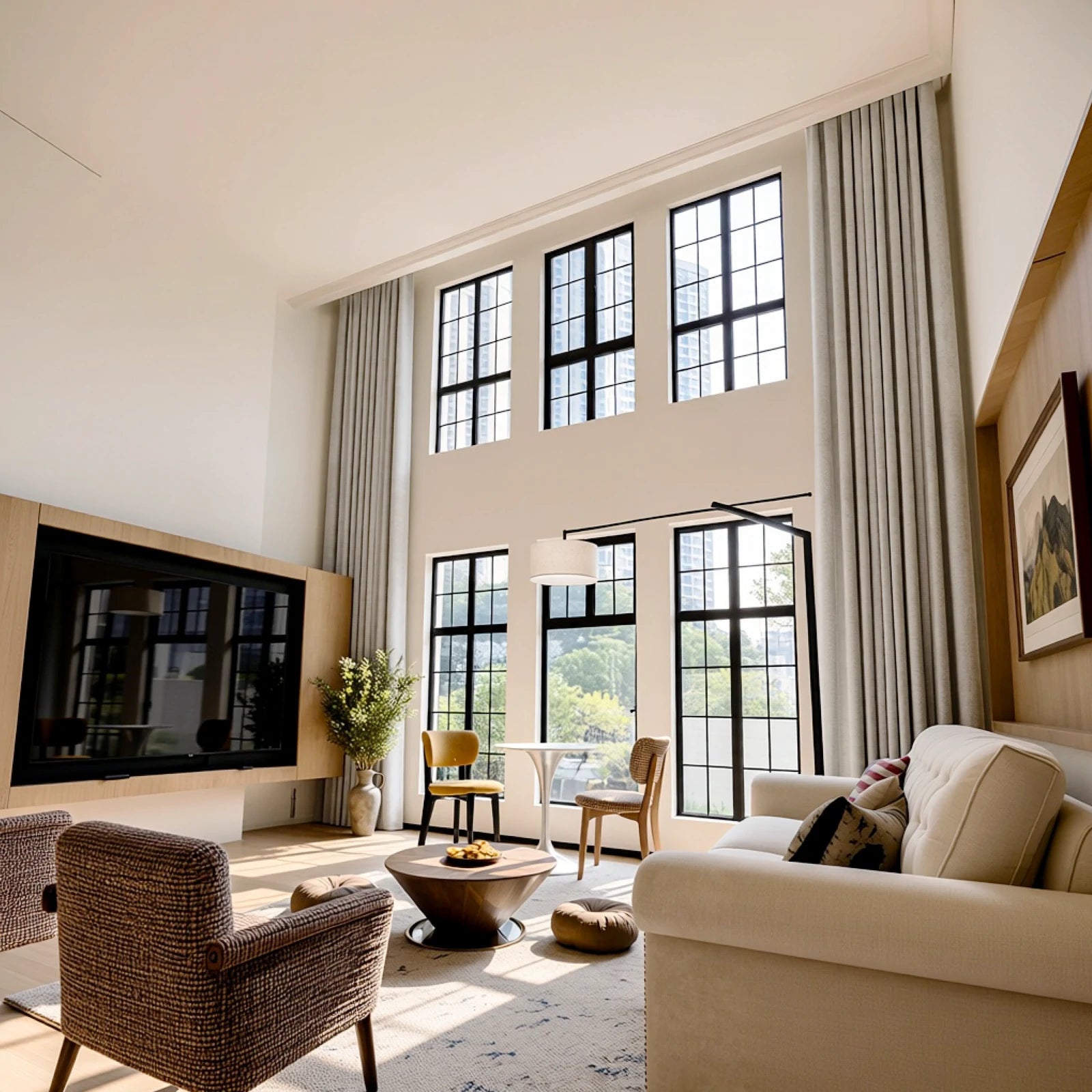 Off-white Alex floor-to-ceiling curtains in a sunlit contemporary living room