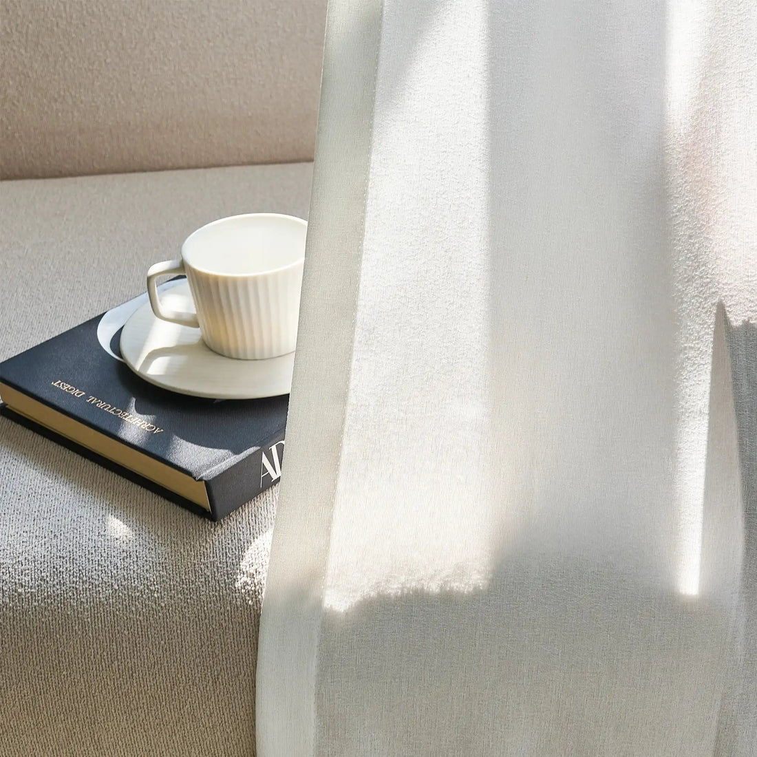 Textured White Ayla Weave Voile Curtains fabric closeup for light filtering sheer window treatments