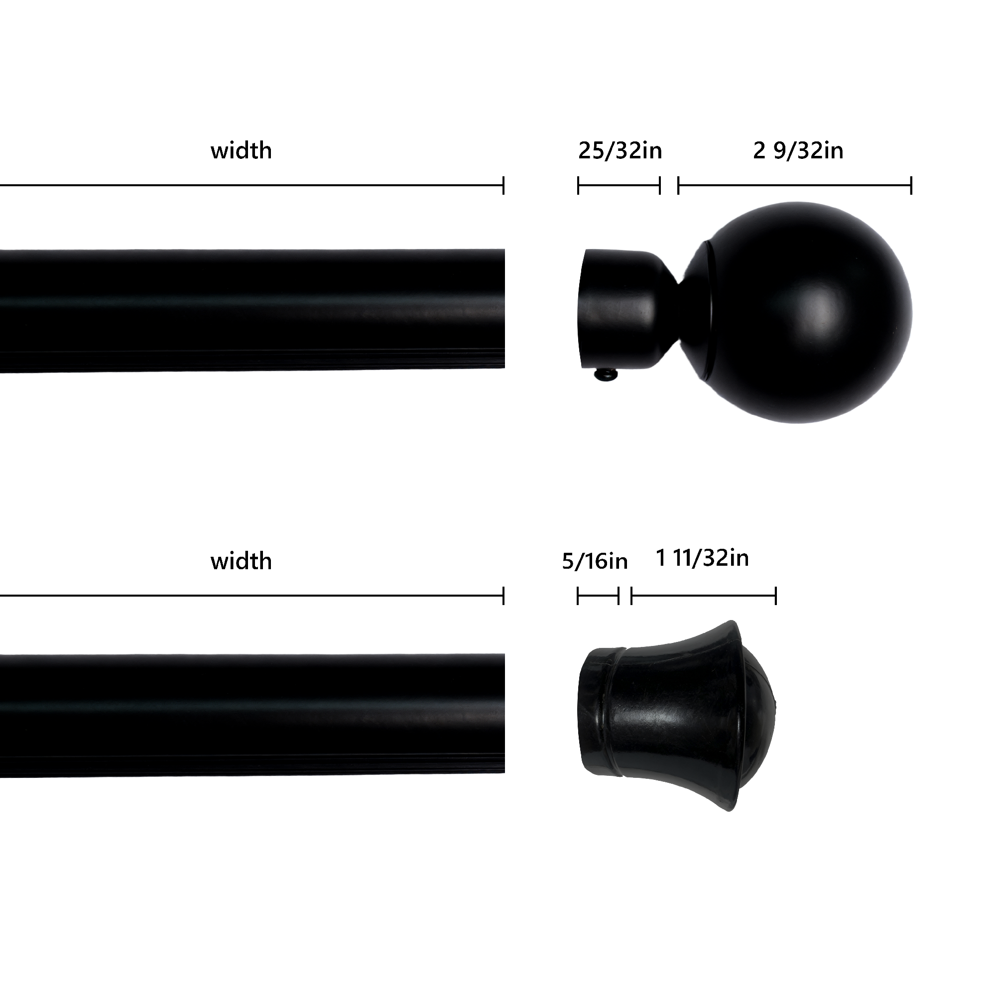 Detailed images of two black curtain rod finials