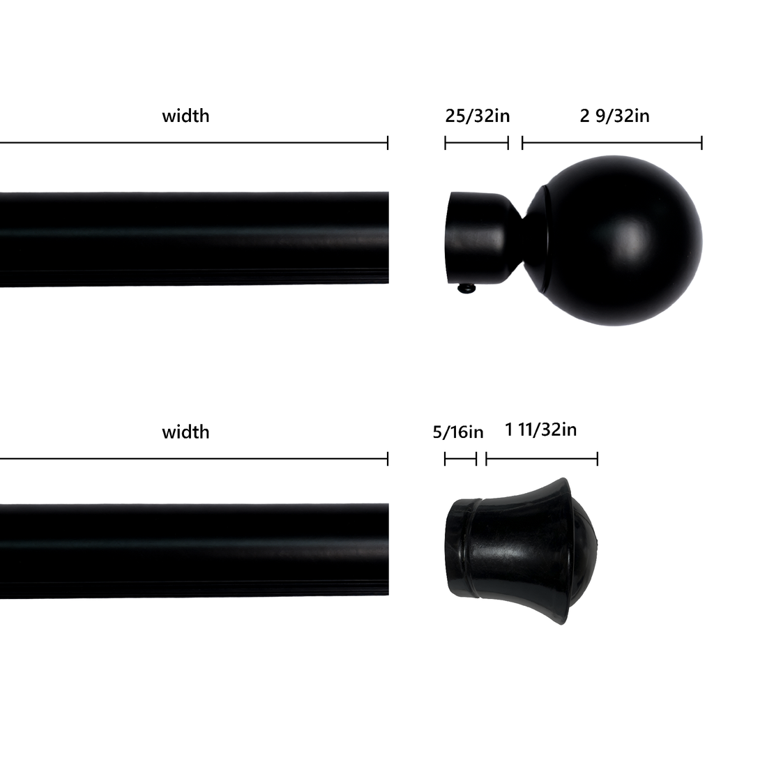 Detailed images of two black curtain rod finials