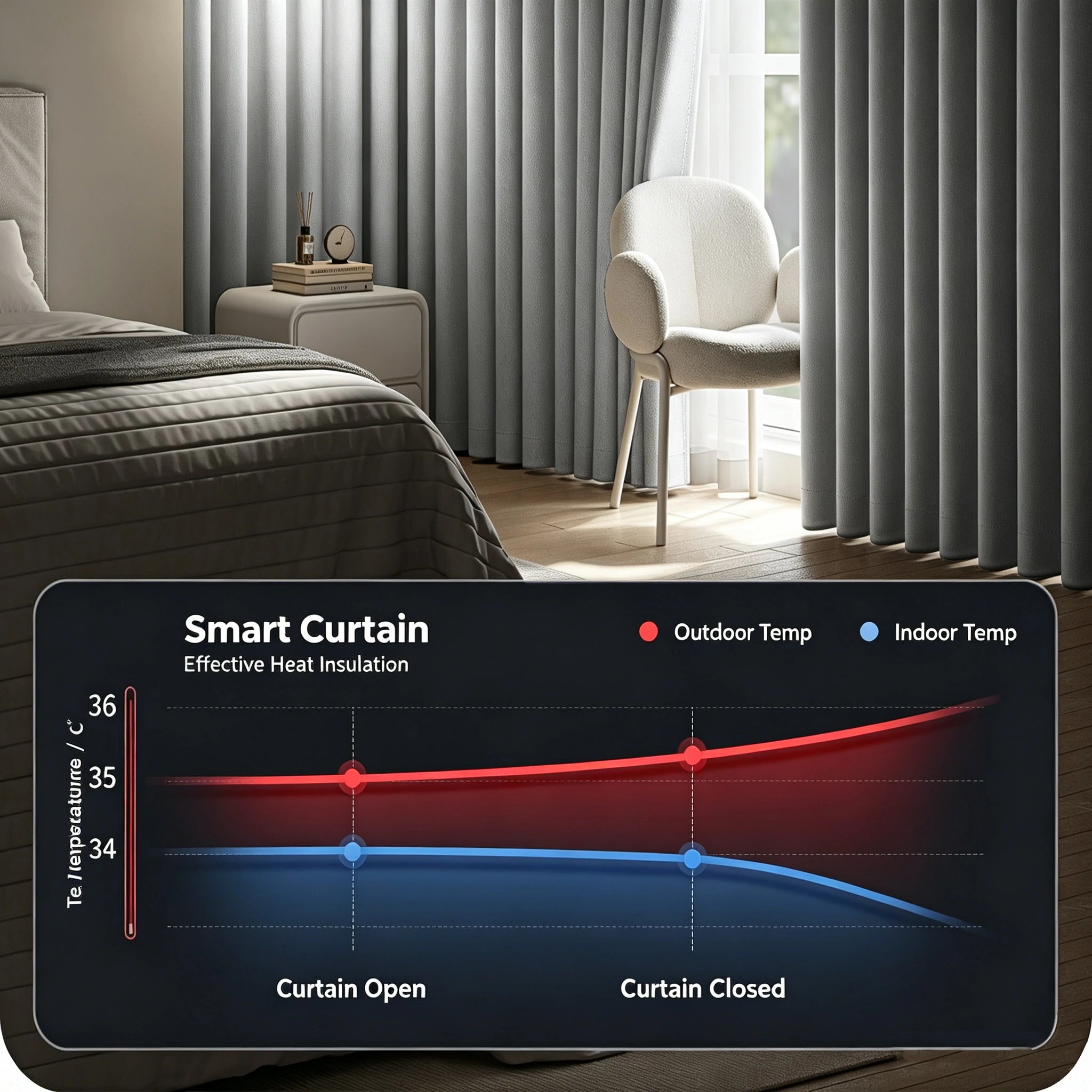 A bedroom featuring ArgaHome?¡¥s Orion Linen Look 100% Blackout Curtains in gray, a white chair, and a bed is shown. An overlaid graph illustrates that closing the Orion curtains helps maintain a cooler indoor temperature compared to outdoors.