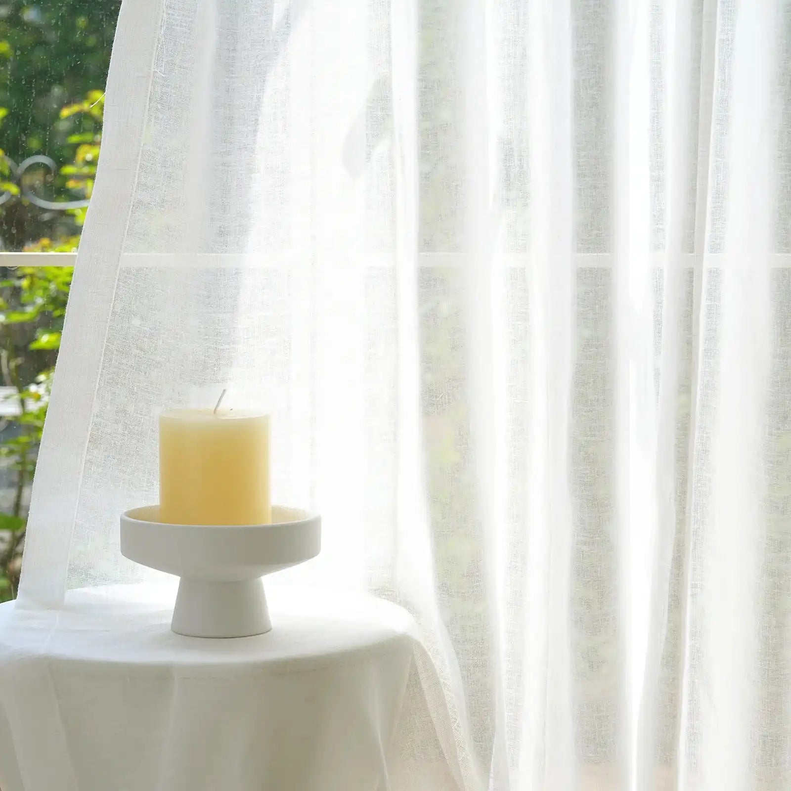 Fern Extra Long & Wide Cotton Semi Sheer Curtains - White Details Showcase