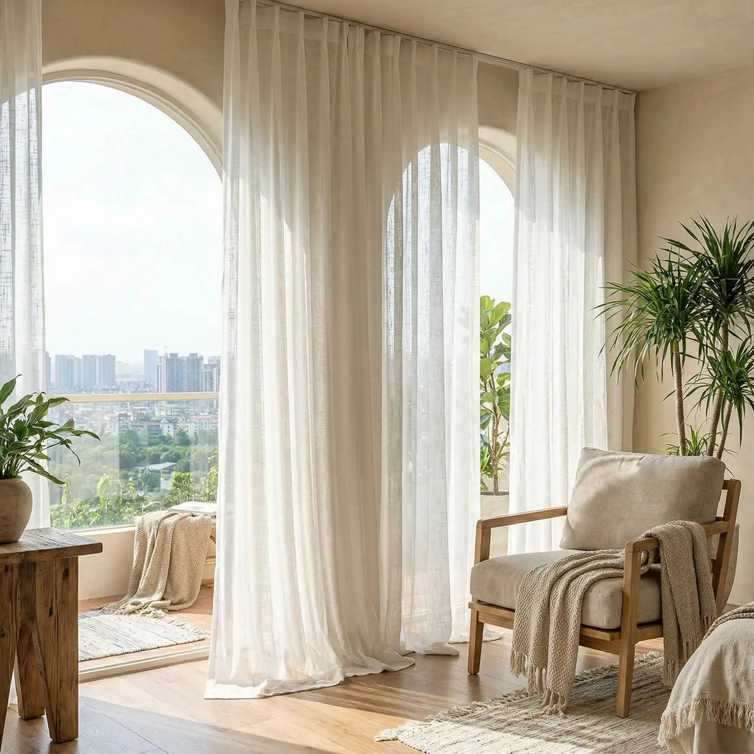 Fern Extra Long & Wide Cotton Semi Sheer Curtains (White Side View)