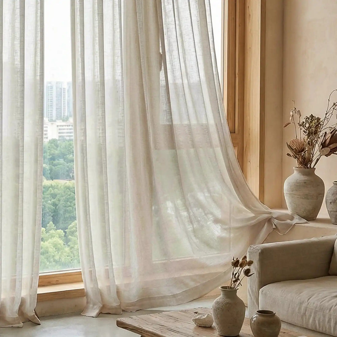 Fern Extra Long & Wide Cotton Semi Sheer Curtains Gray Display 2