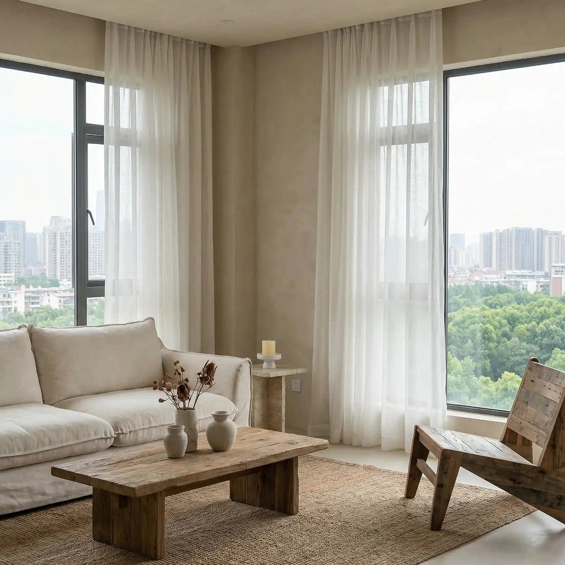 Fern Extra Long & Wide Cotton Semi-Sheer Curtains Hanging in the Living Room