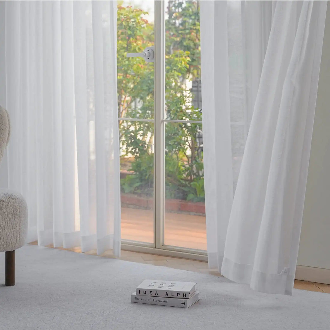 Fern Extra Long & Wide Cotton Semi Sheer Curtains (White Front View)1