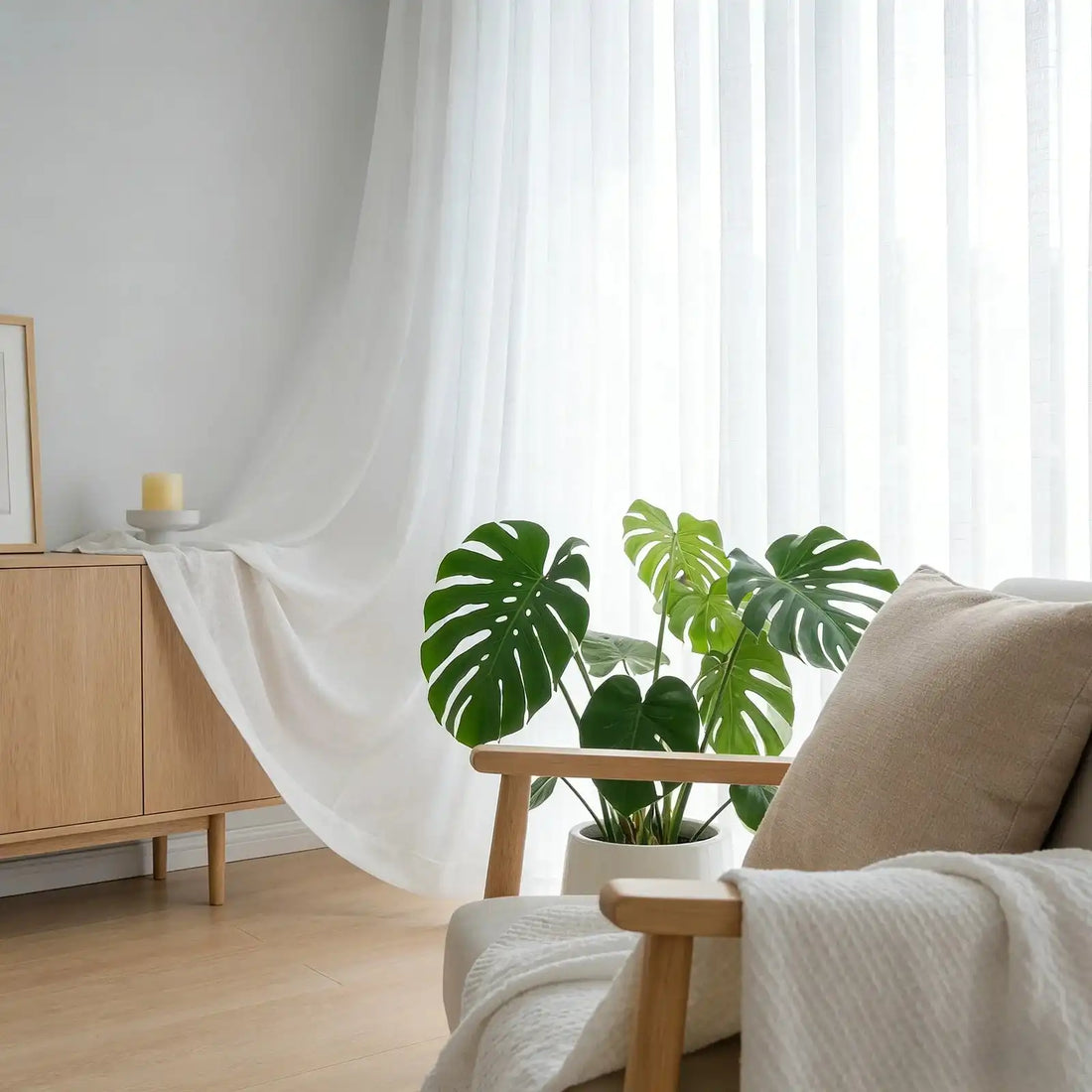 Bright living room with white semi-sheer curtains, a wooden sideboard, a potted monstera plant, and a beige armchair with a textured throw blanket
