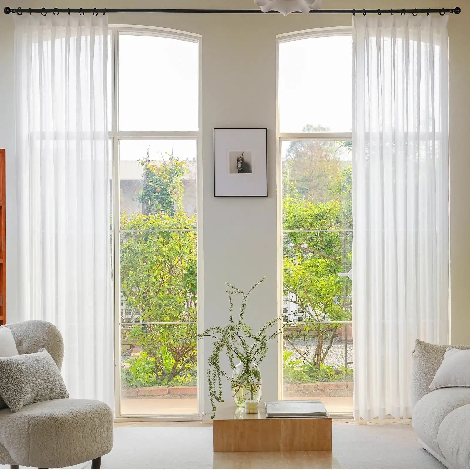 Fern Extra Long & Wide Cotton Semi Sheer Curtains (White Front View)
