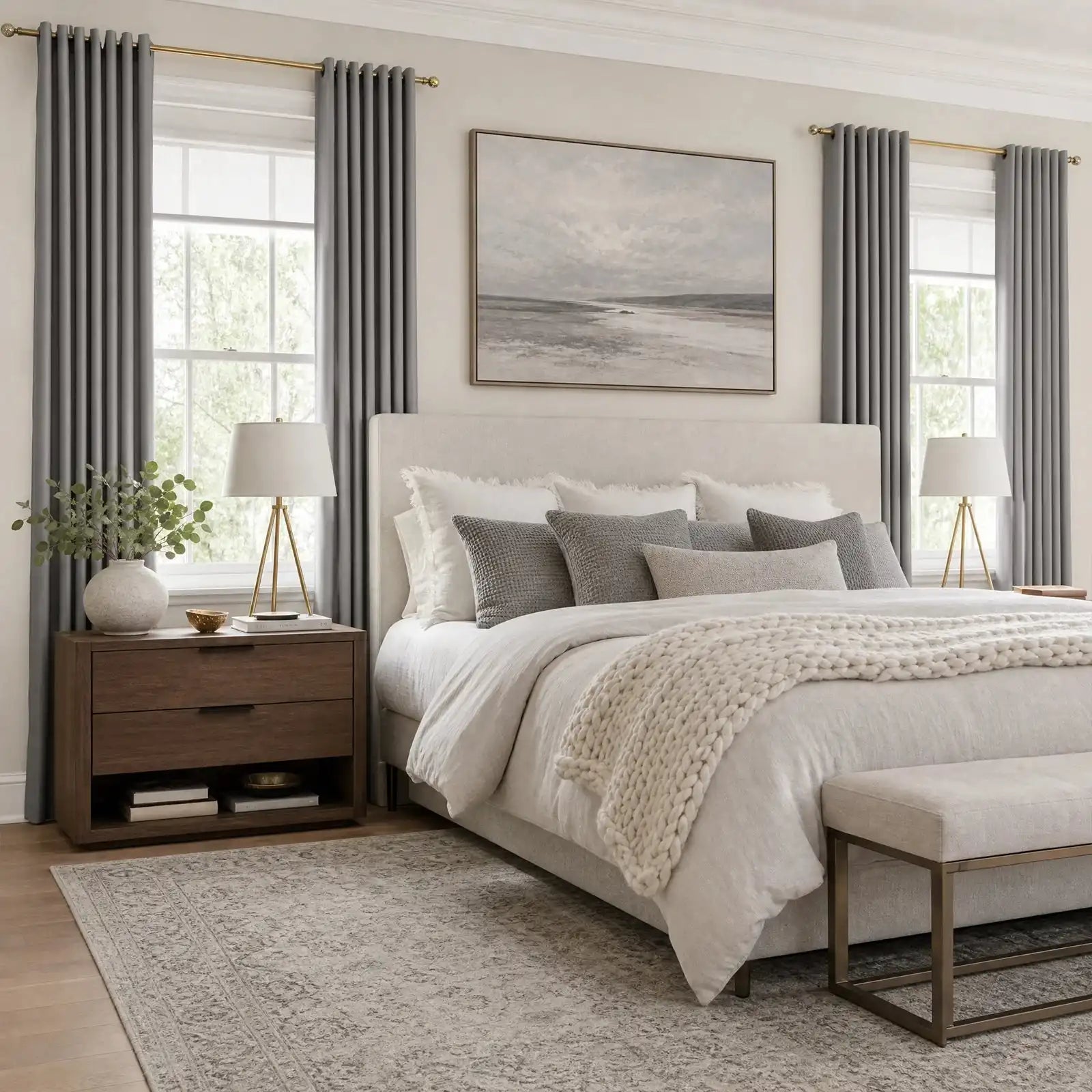 Cool gray Gavin curtains framing a bright neutral bedroom with brass rods