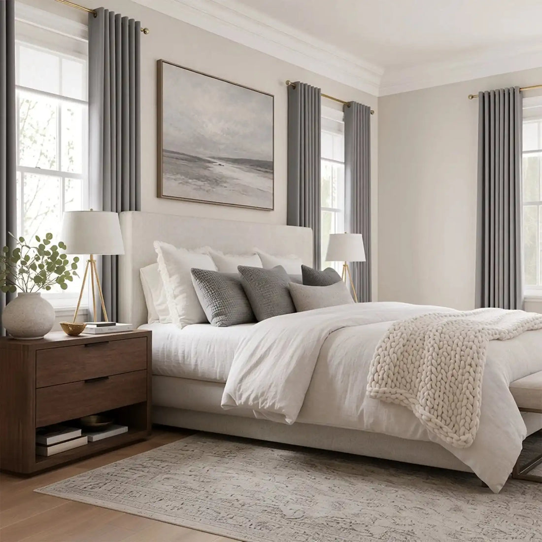 Cool gray Gavin curtains styled across three windows in a modern bedroom