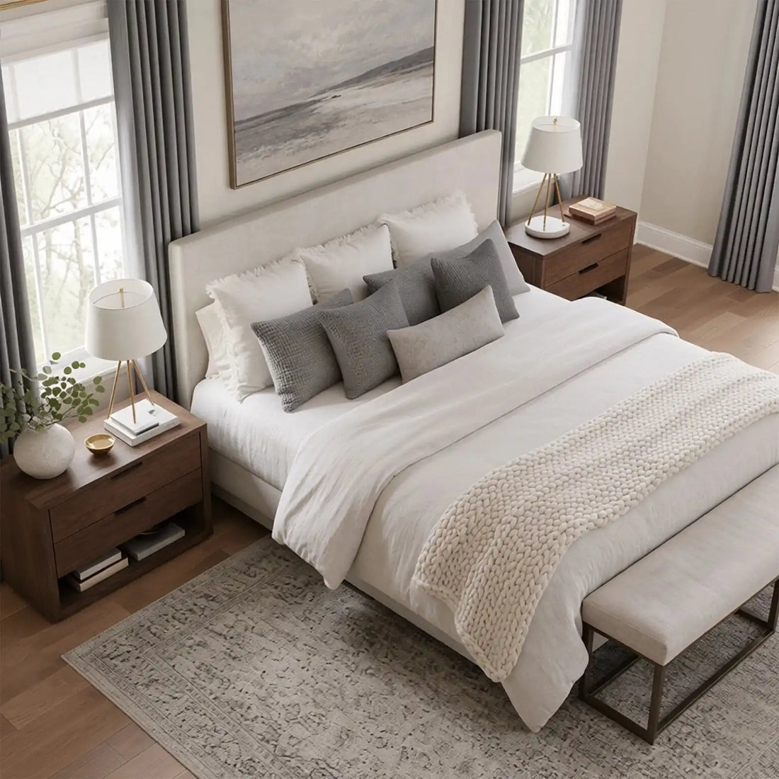 Overhead view of a neutral bedroom with cool gray Gavin window curtains