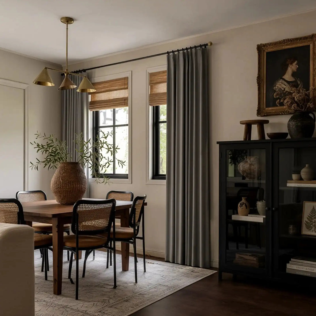 Dark gray Gavin curtains styled across three windows in a modern bedroom