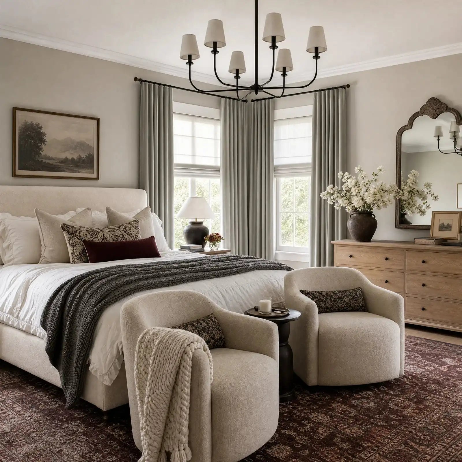 Gray Brown Gavin curtains framing a bright neutral bedroom with brass rods