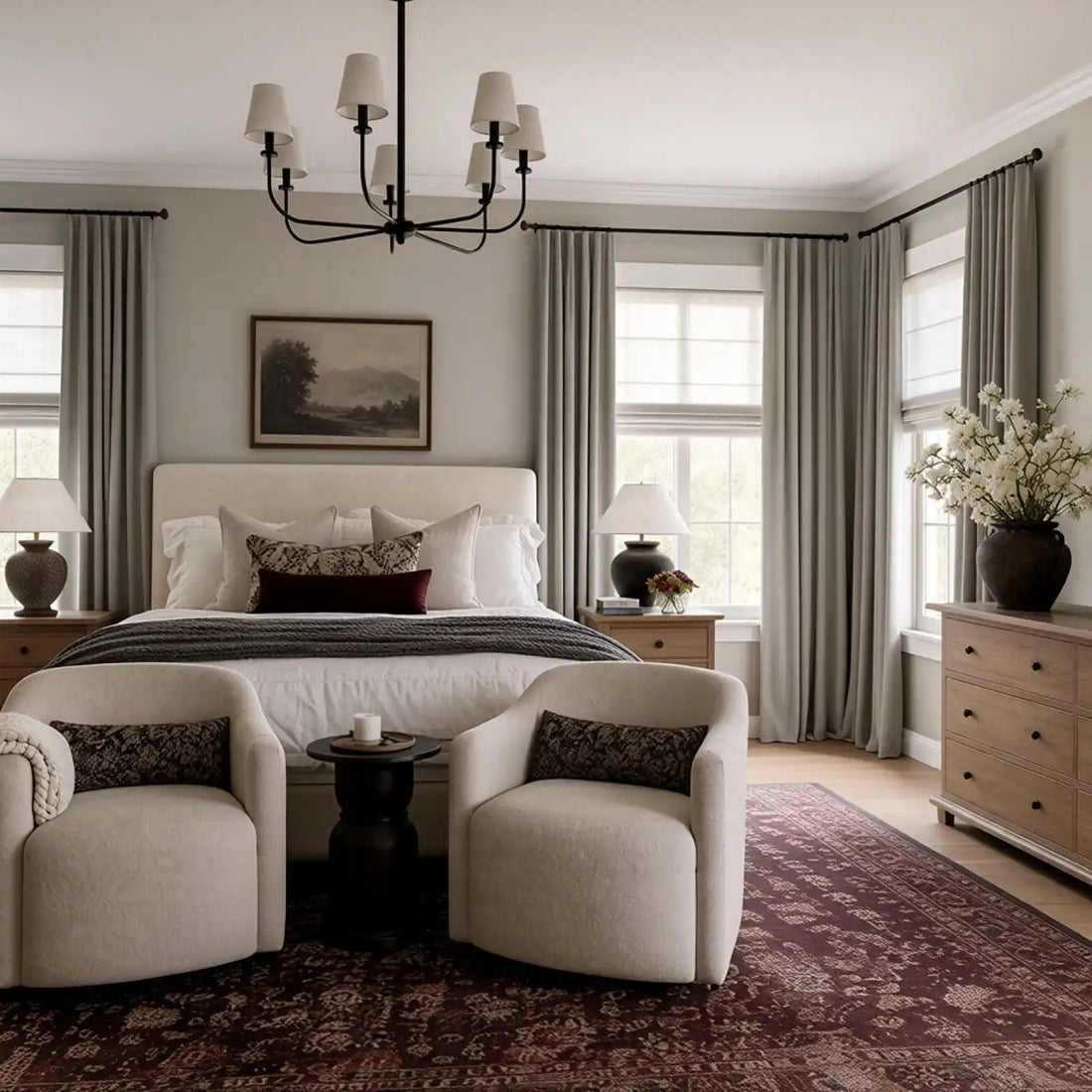 Overhead view of a neutral bedroom with gray brown Gavin window curtains