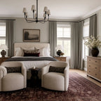 Overhead view of a neutral bedroom with gray brown Gavin window curtains