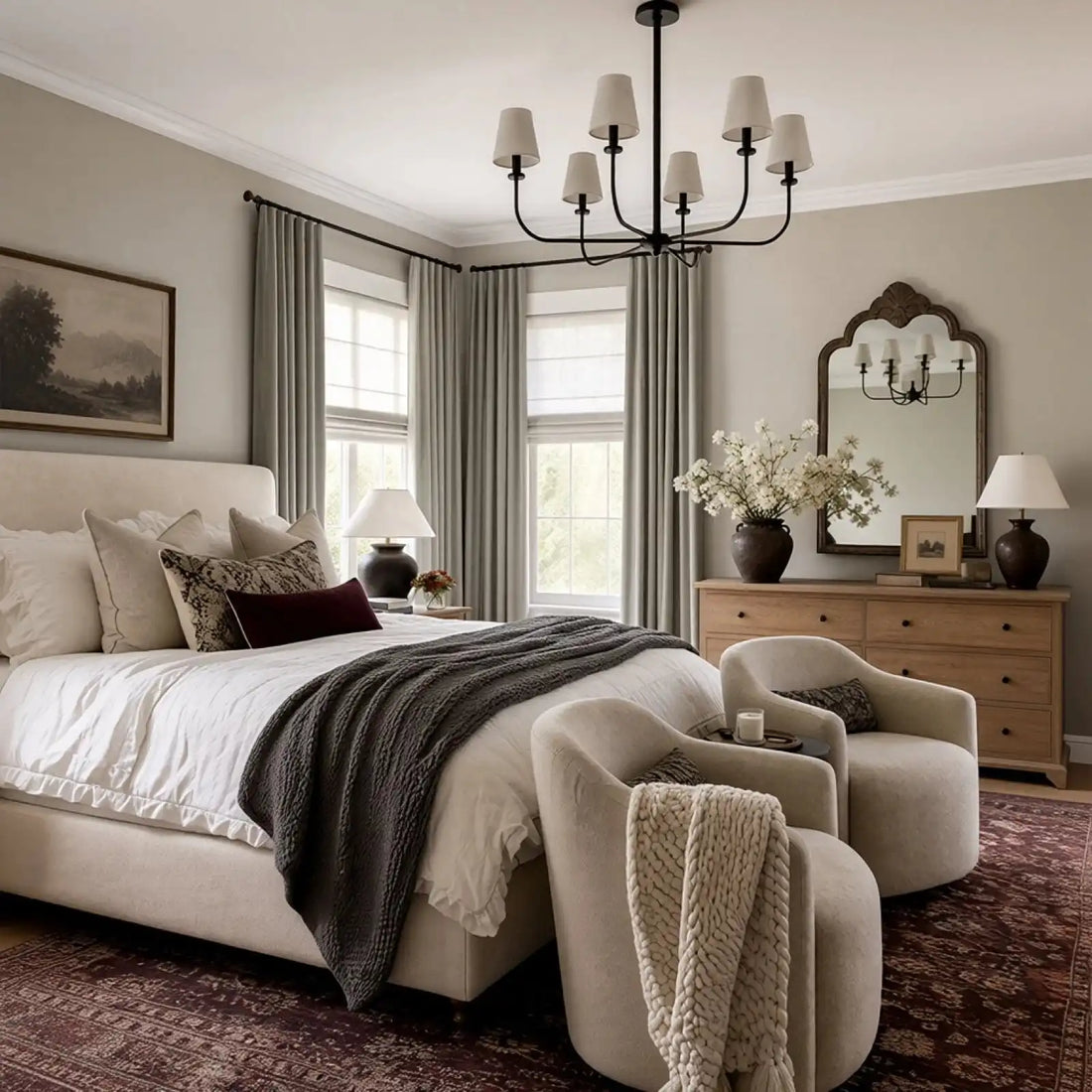 Gray Brown Gavin curtains styled across three windows in a modern bedroom