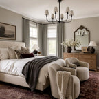 Gray Brown Gavin curtains styled across three windows in a modern bedroom