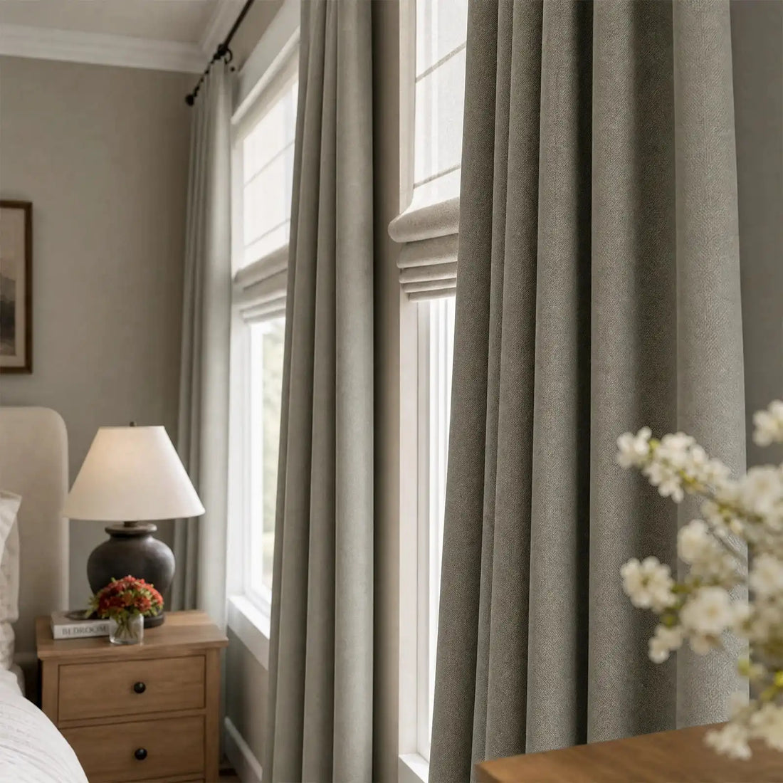 Close view of gray brown Gavin curtain folds beside a sunlit window and plant