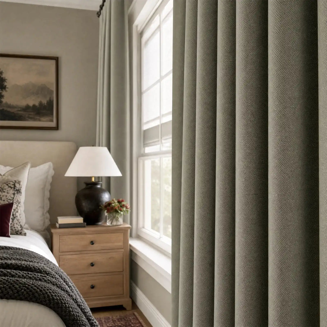 Gray Brown Gavin curtains with soft pleats in a calm contemporary bedroom