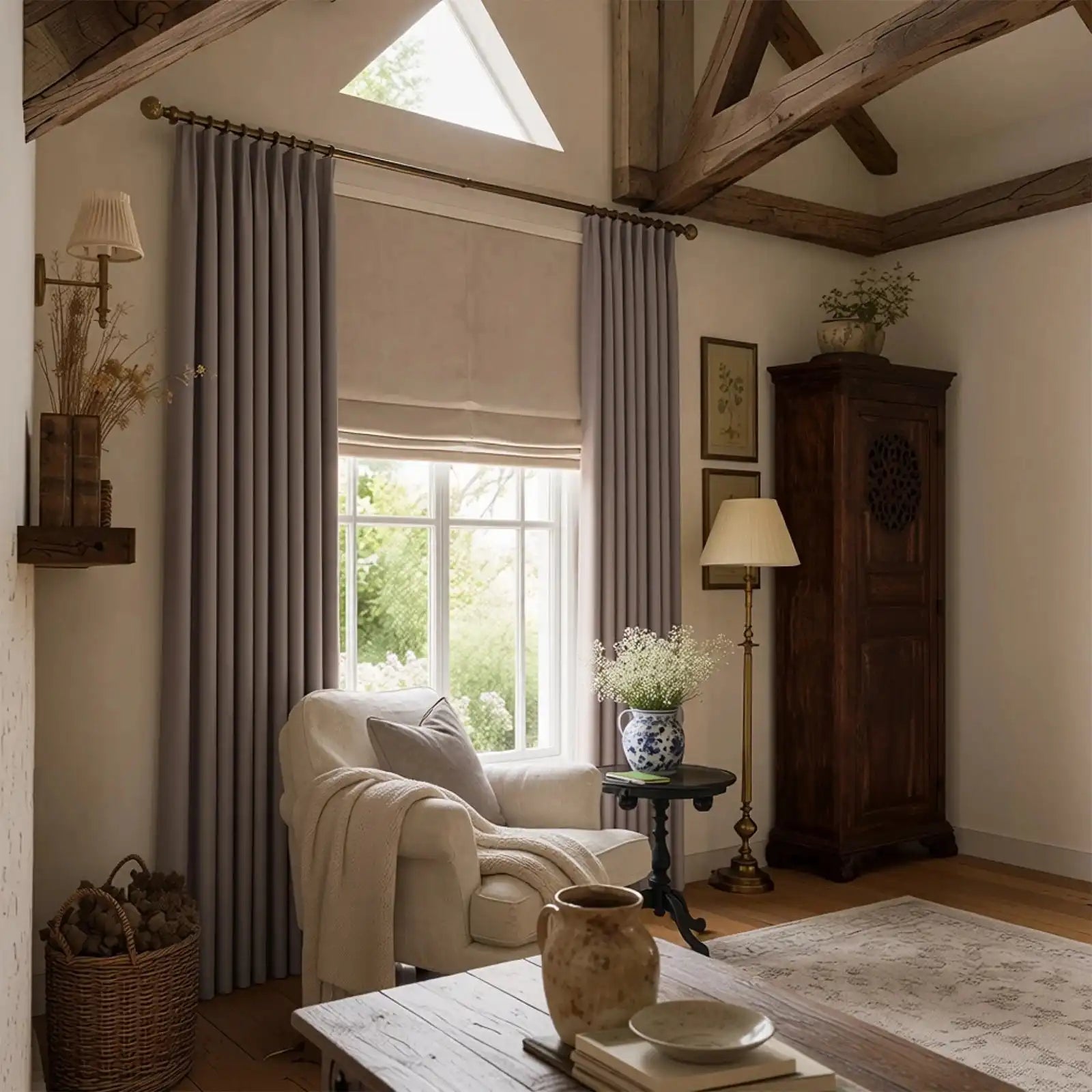 Purplish gray Gavin curtains styled across three windows in a modern bedroom