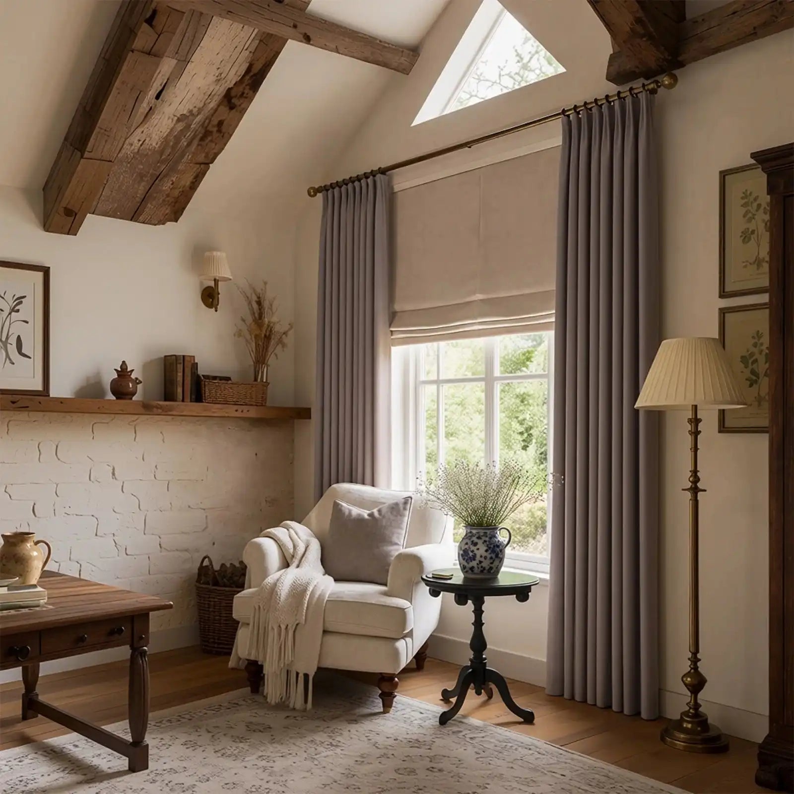 Overhead view of a neutral bedroom with purplish gray Gavin window curtains