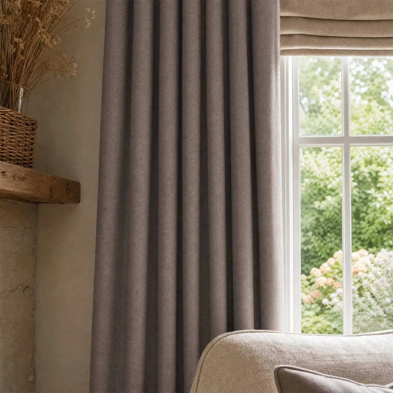 Purplish gray Gavin curtains with soft pleats in a calm contemporary bedroom