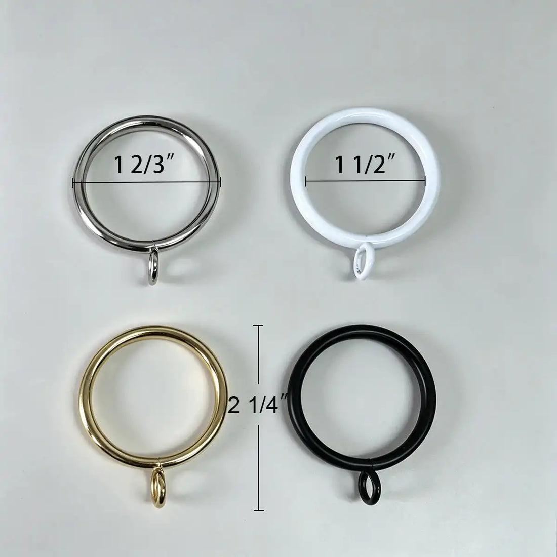 Color options of curtain rings including silver, gold, black, and white, with measurements of 2 1/4 inches in diameter