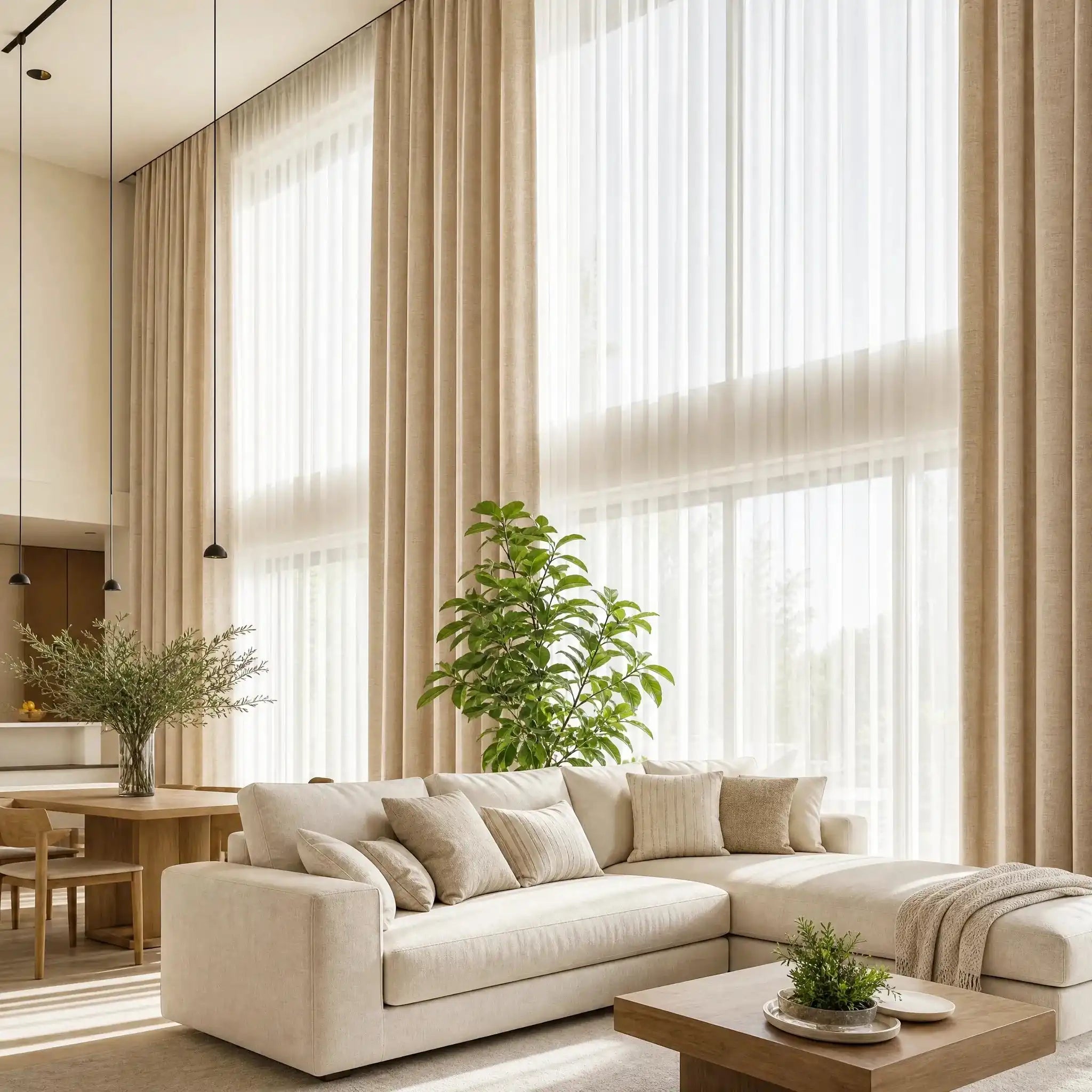 Jasper Dotted Linen Blend Curtains in Vanilla Cream on high ceiling windows, living room sheer drapes ¡§C Designed for Living Rooms