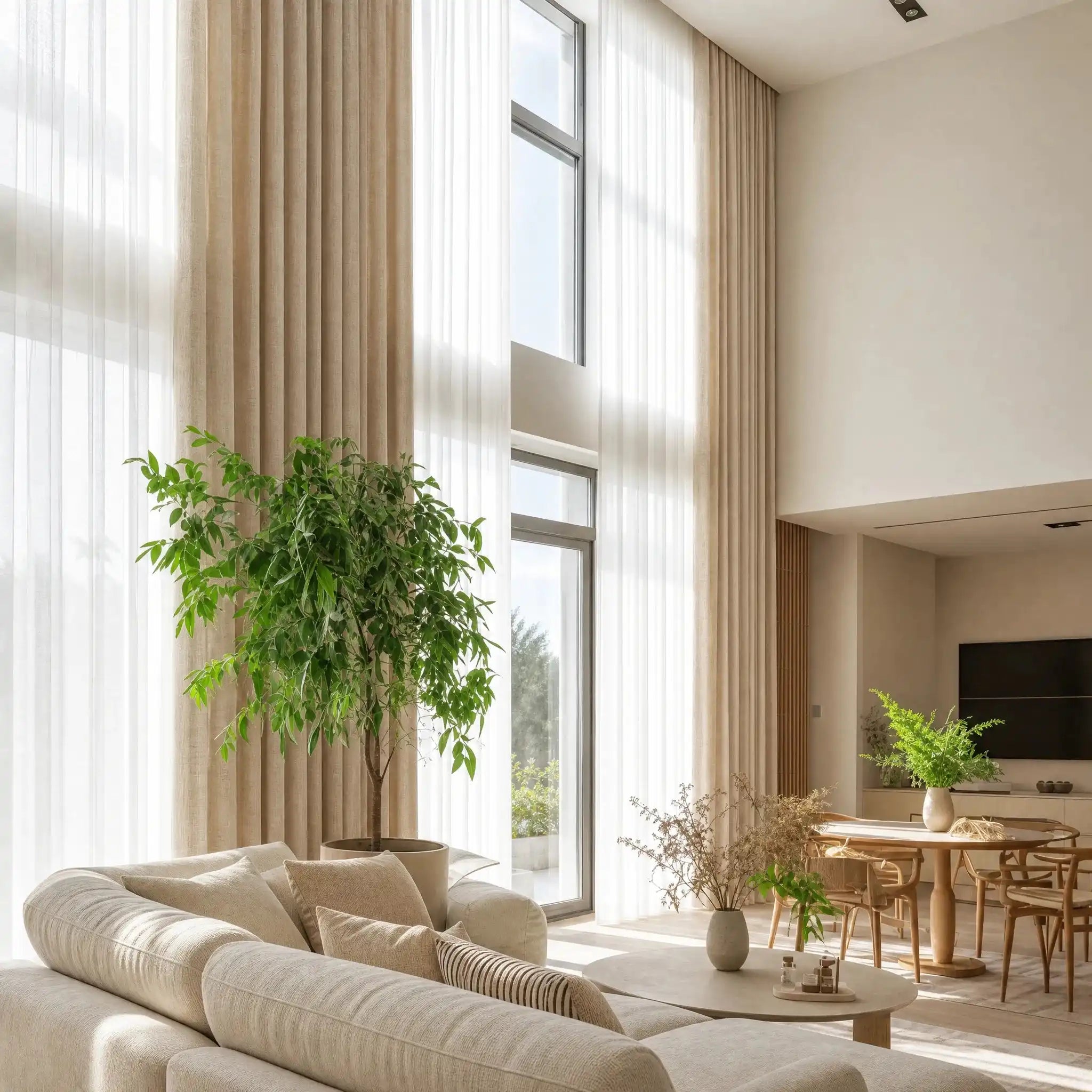 Jasper Dotted Linen Blend Curtains in Vanilla Cream on floor to ceiling windows, sheer drapes, modern living room