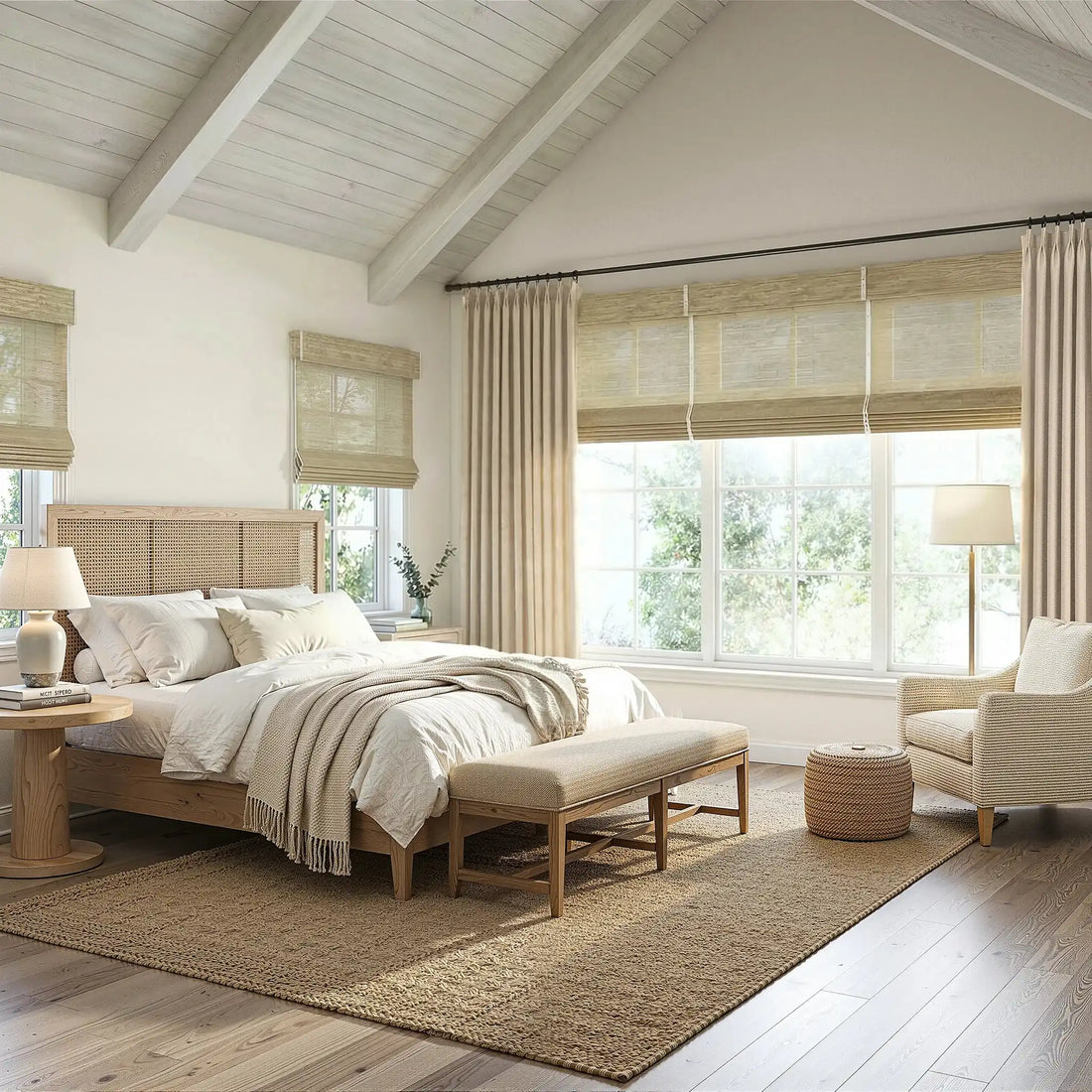 Beige John Linen Texture Cotton Curtains dressing windows in a high ceiling farmhouse bedroom