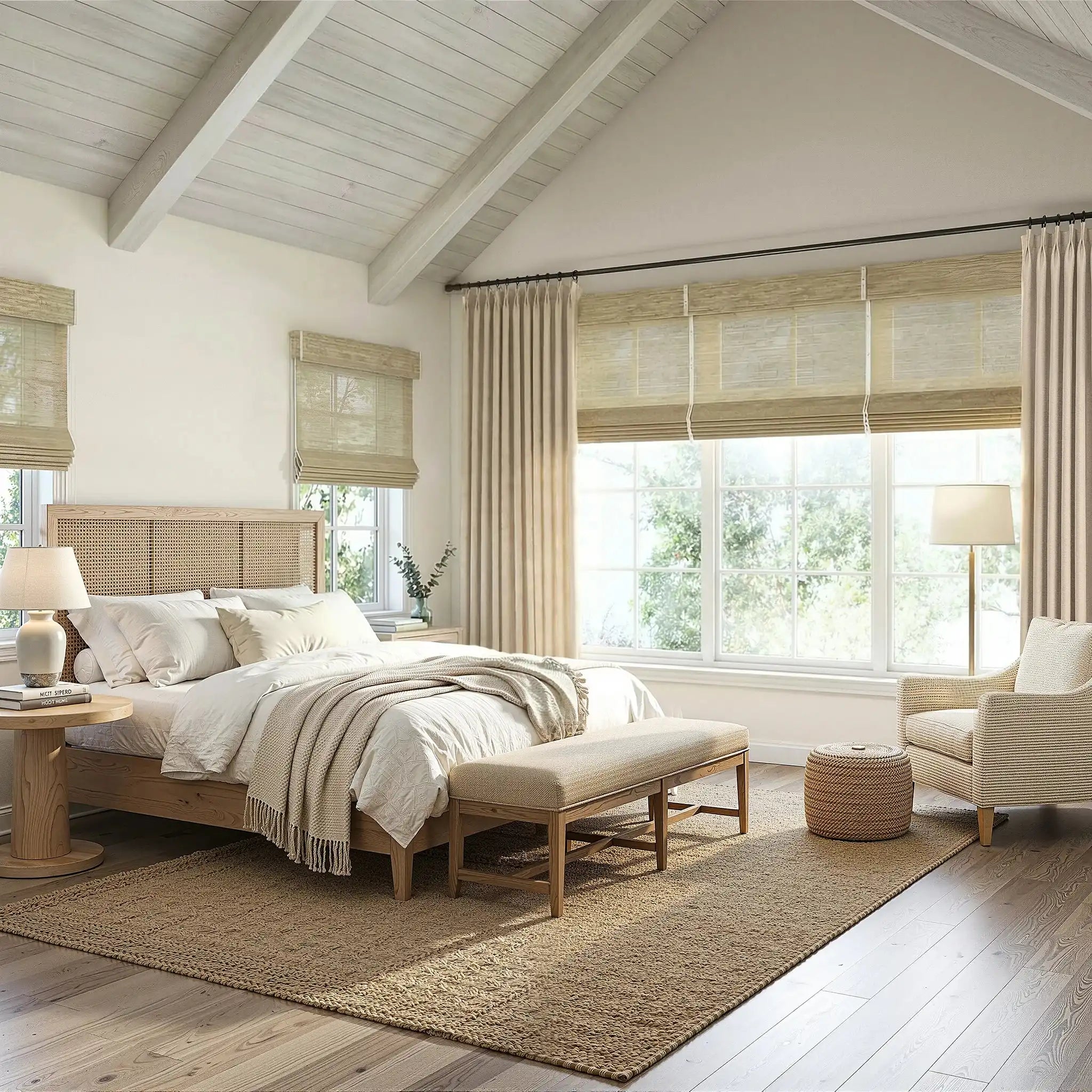 Beige John Linen Texture Cotton Curtains dressing windows in a high ceiling farmhouse bedroom