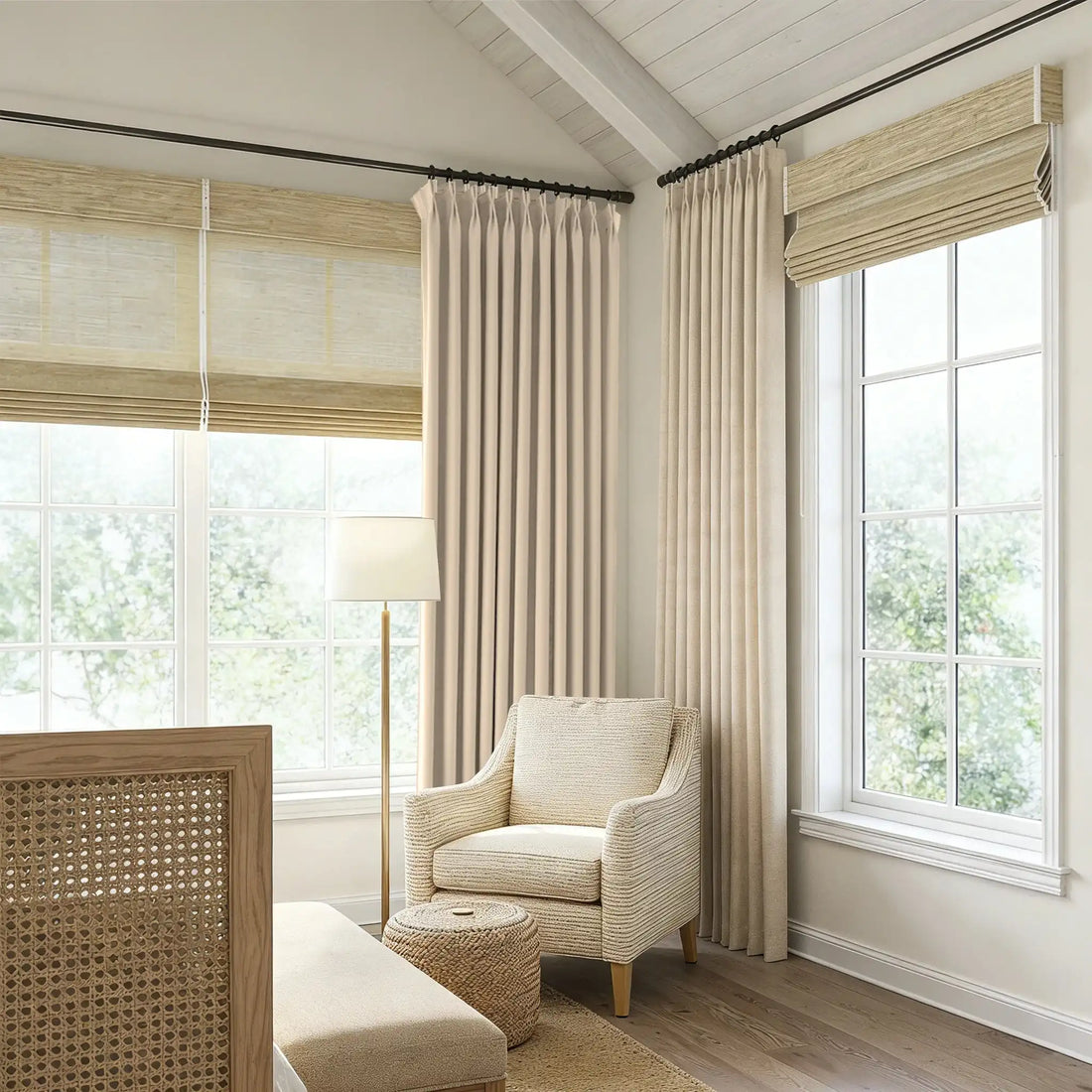 Beige John Linen Texture Cotton Curtains coordinating beautifully with organic textures in a cozy bedroom corner