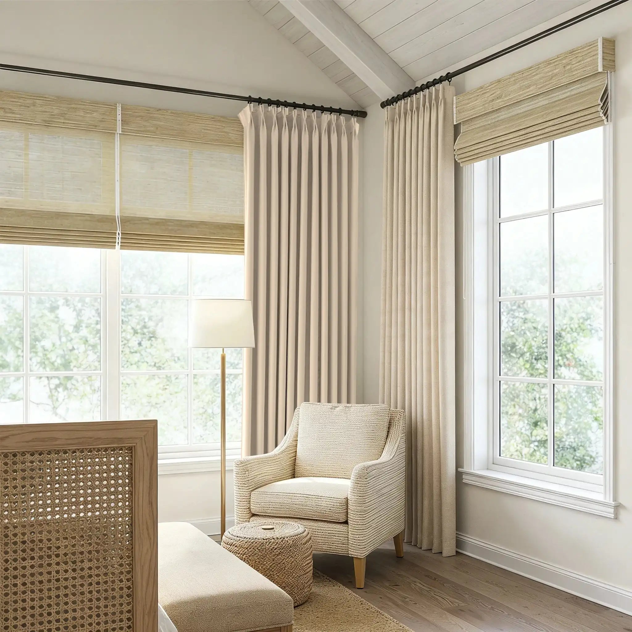 Beige John Linen Texture Cotton Curtains coordinating beautifully with organic textures in a cozy bedroom corner