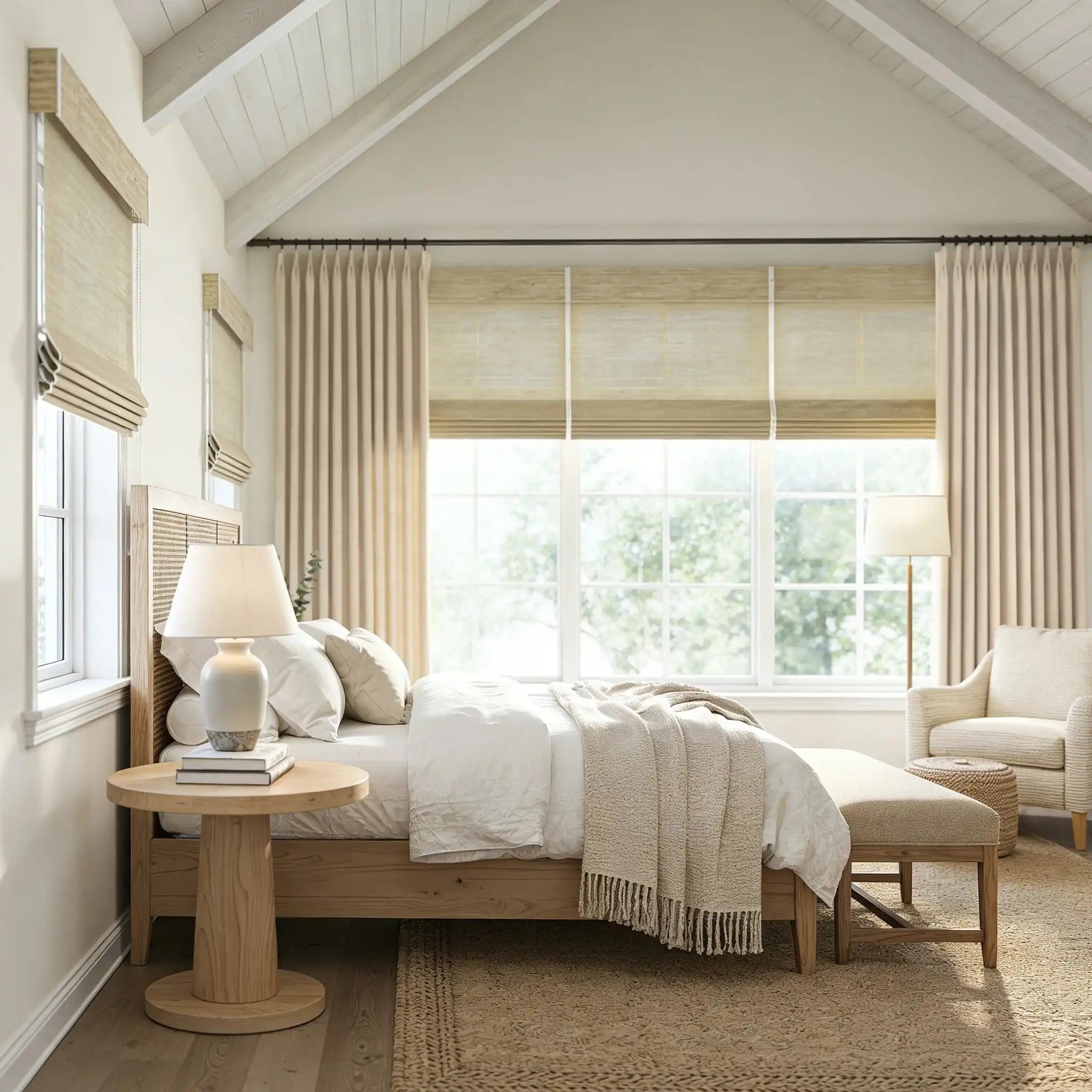 Bright primary bedroom styled with Beige John Linen Texture Cotton Curtains and neutral wooden furniture