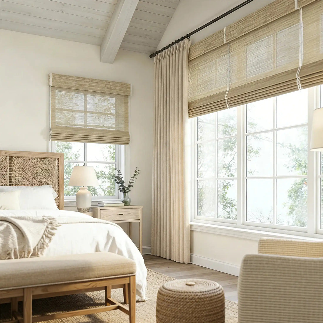 Tailored pinch pleat drapery structure of Beige John Linen Texture Cotton Curtains framing a sunny window view