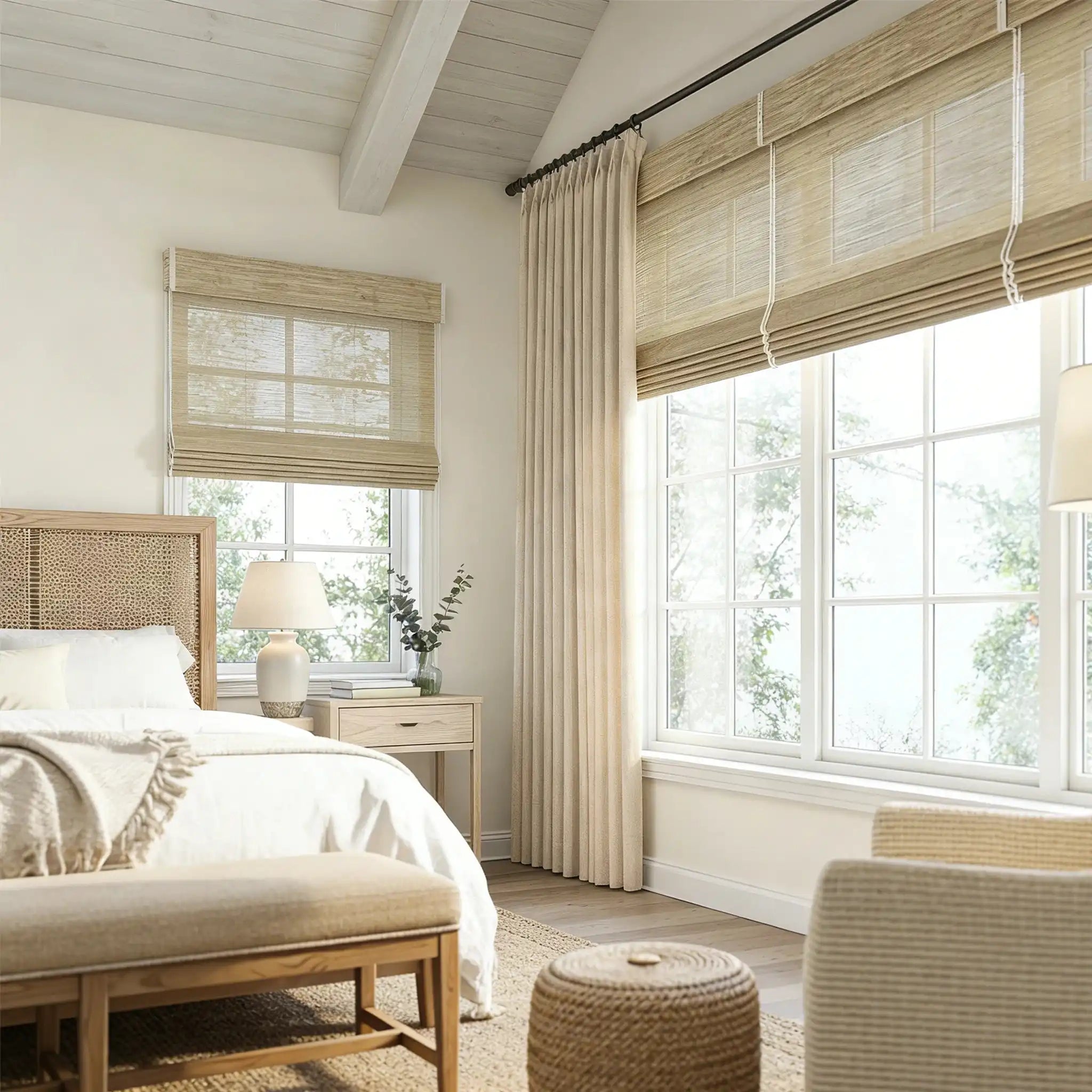 Tailored pinch pleat drapery structure of Beige John Linen Texture Cotton Curtains framing a sunny window view