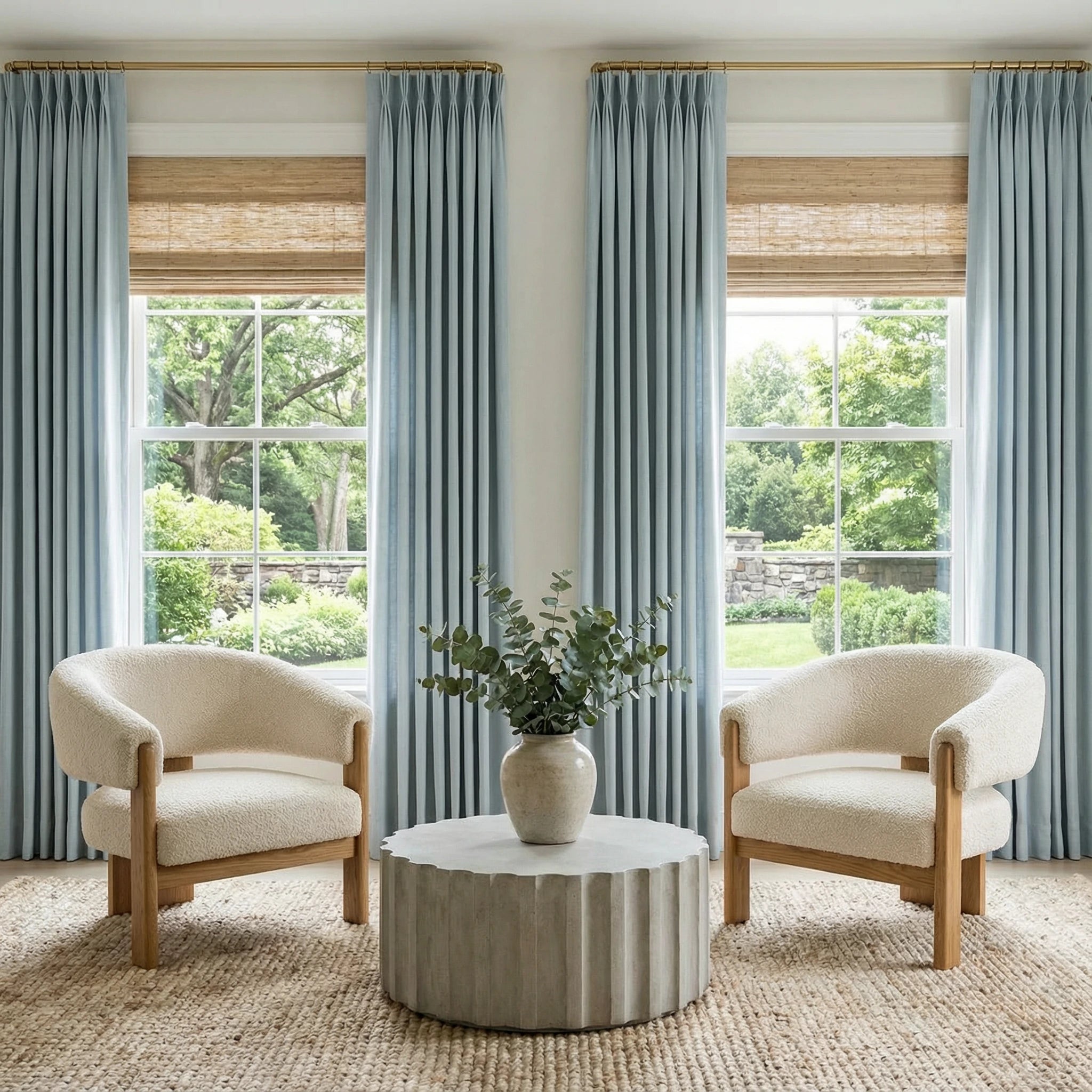 Blue Gray John Linen Texture Cotton Curtains styled alongside woven bamboo shades in a bright symmetric sitting room