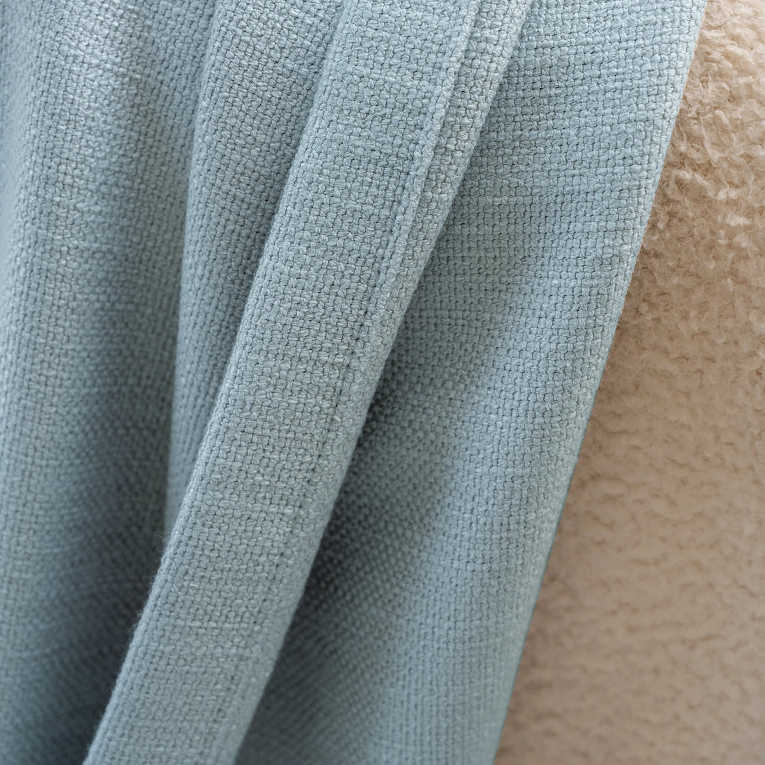 Detail of the premium heavy weight textile structure and organic weave pattern on Blue Gray John Linen Texture Cotton Curtains