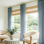 Parallel windows decorated with tailored Blue Gray John Linen Texture Cotton Curtains in a modern coastal interior