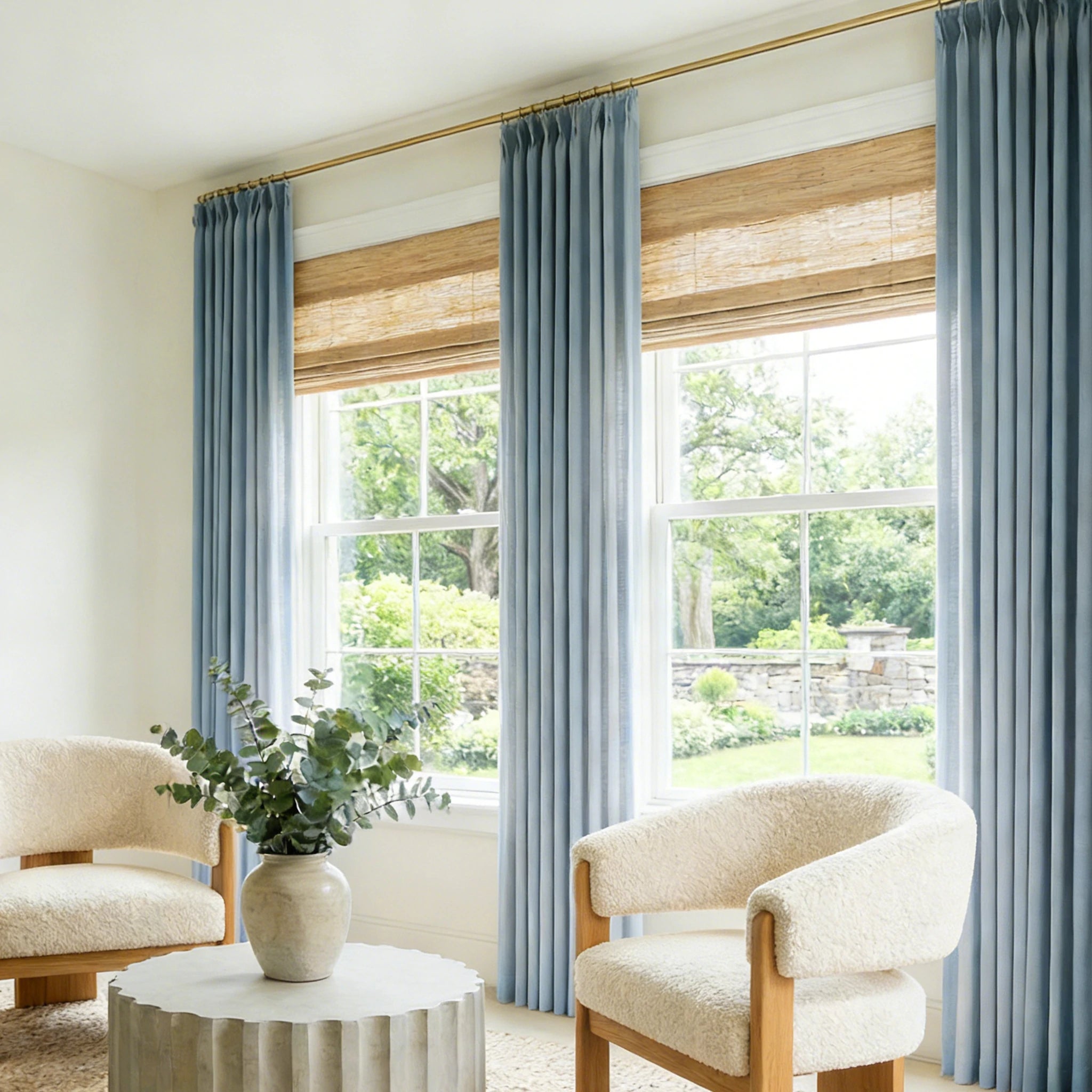 Parallel windows decorated with tailored Blue Gray John Linen Texture Cotton Curtains in a modern coastal interior