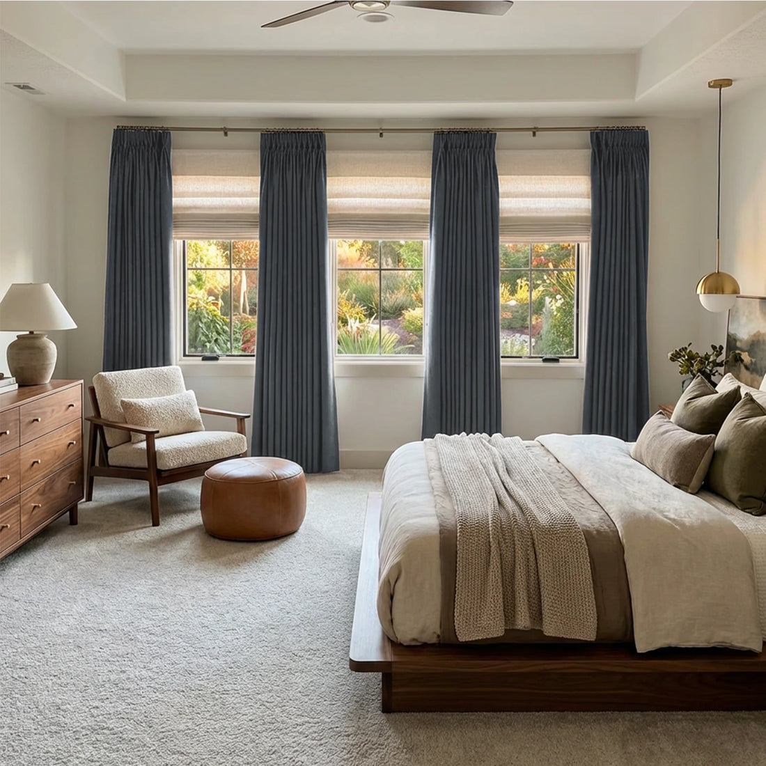 Tailored pinch pleat structure of Dark Gray John Linen Texture Cotton Curtains hanging in a bright modern home