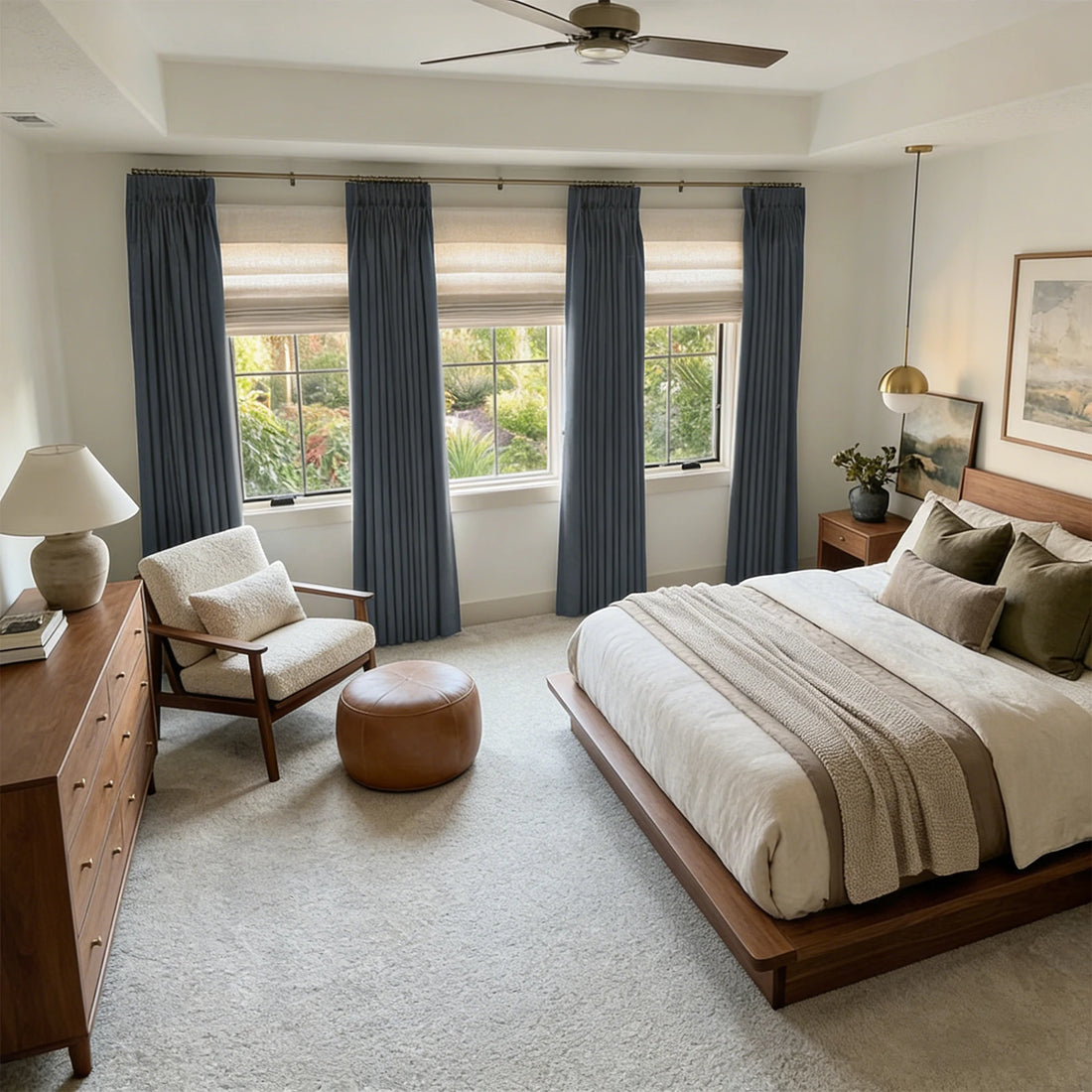 Dark Gray John Linen Texture Cotton Curtains styling large floor to ceiling windows in a minimalist lounge interior