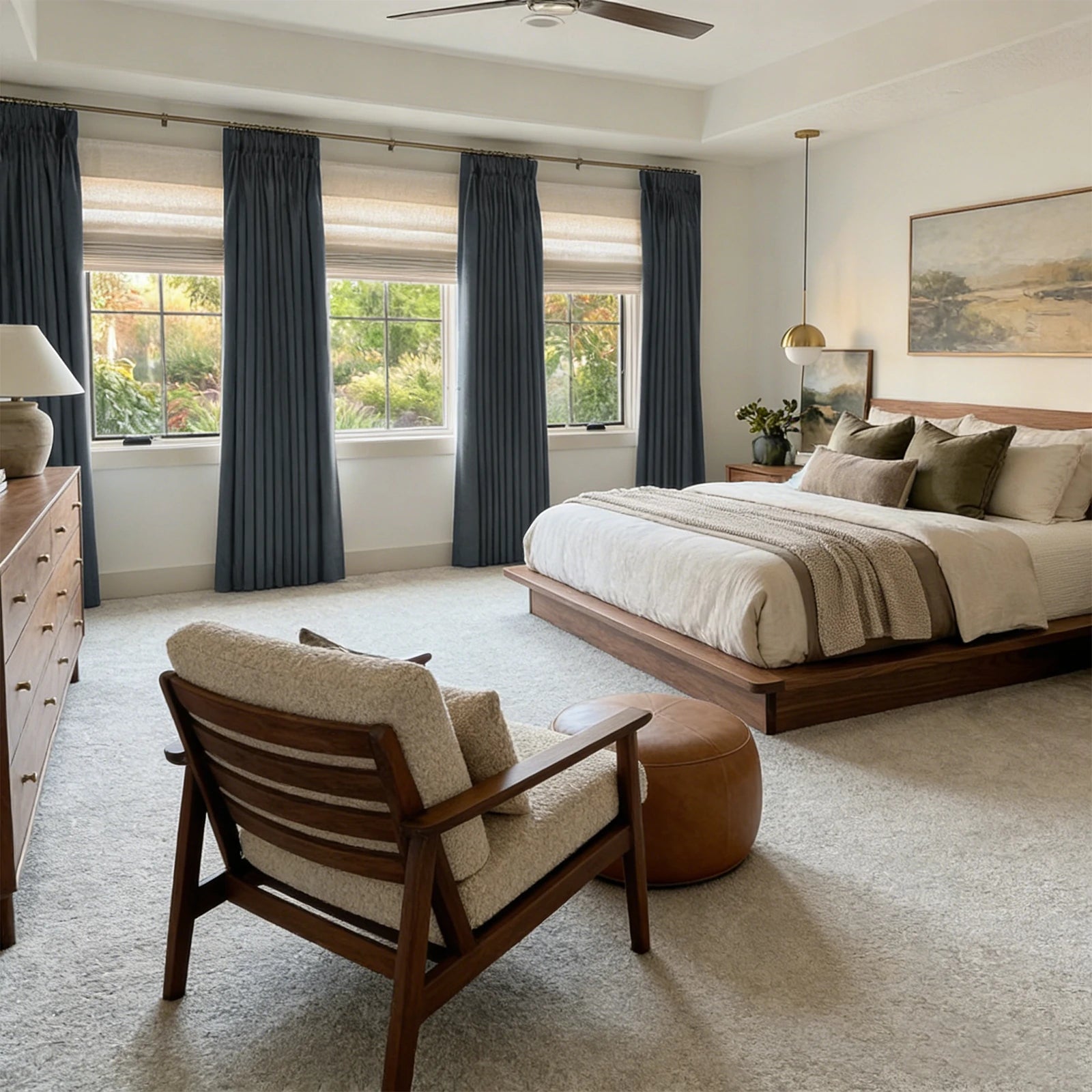 Sophisticated leather armchair paired with Dark Gray John Linen Texture Cotton Curtains dressing a bright room background