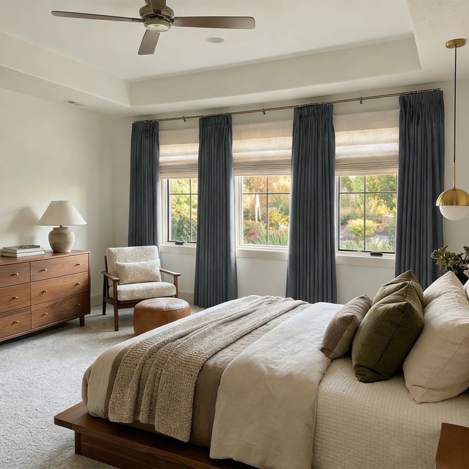 Deep drapery folds and heavy weight organic fabric of Dark Gray John Linen Texture Cotton Curtains under soft ambient lighting