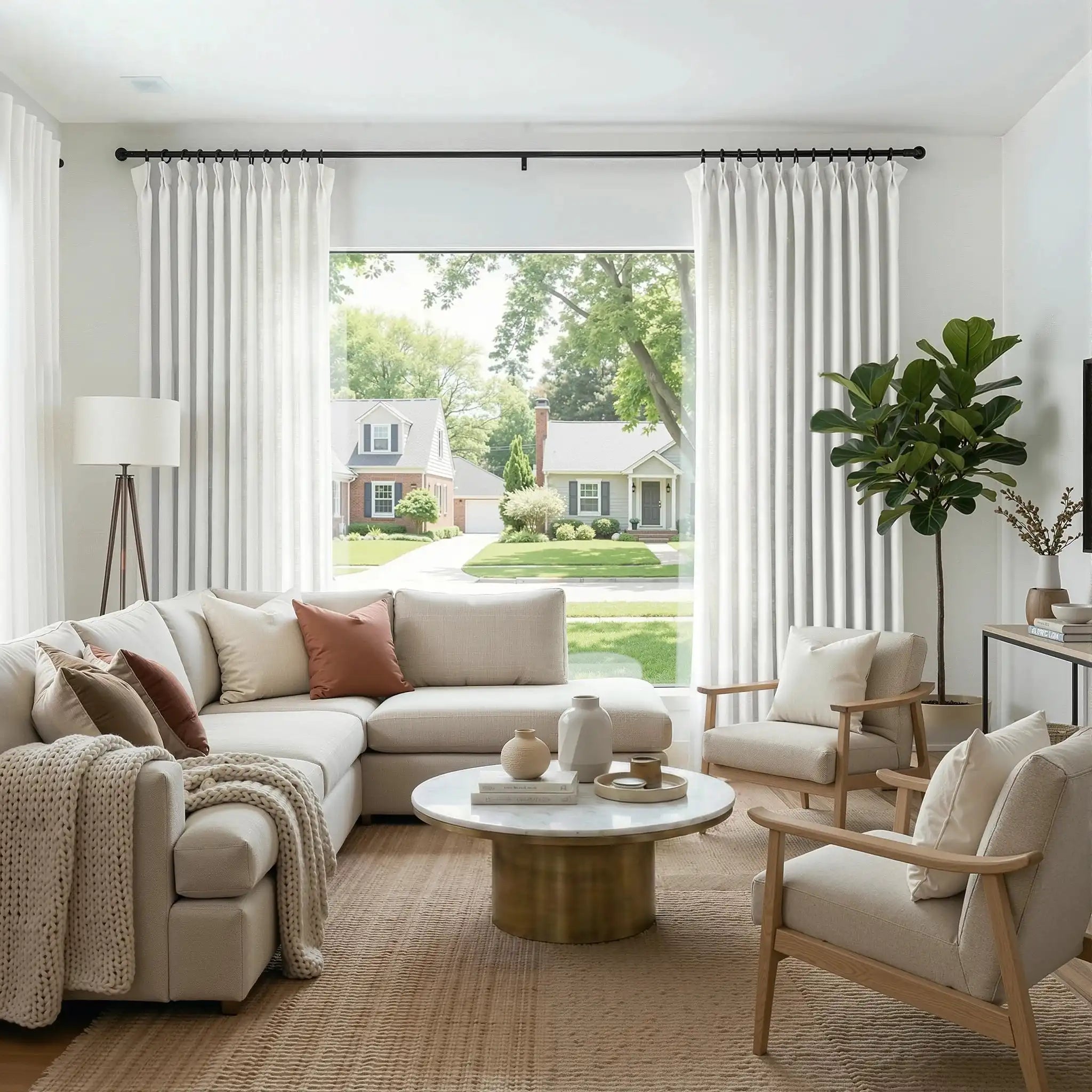 White John Linen Texture Cotton Curtains framing a large living room window with a scenic street view