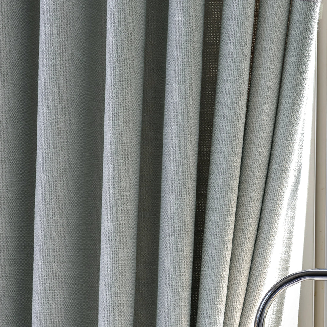Pleat fold detail and organic cotton fabric weave of Gray John Linen Texture Cotton Curtains under natural light