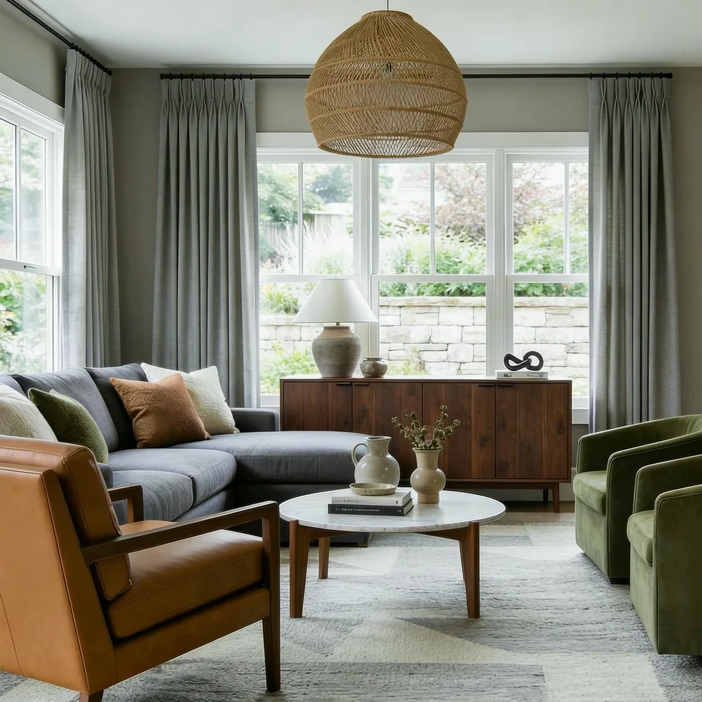 Tailored drape structure of Gray John Linen Texture Cotton Curtains framing a bright garden view window
