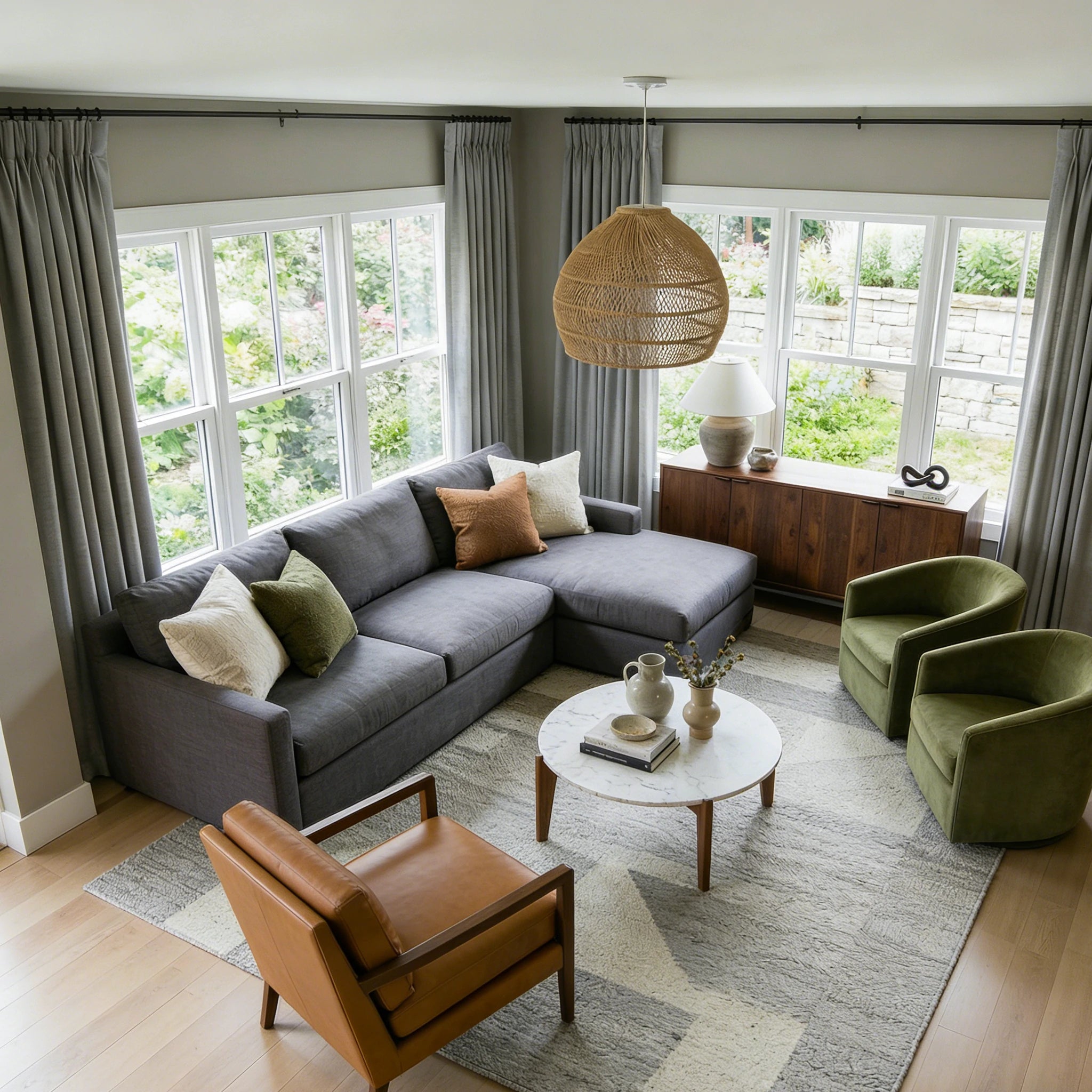 Gray John Linen Texture Cotton Curtains dressing multiple living room windows in a modern cozy layout