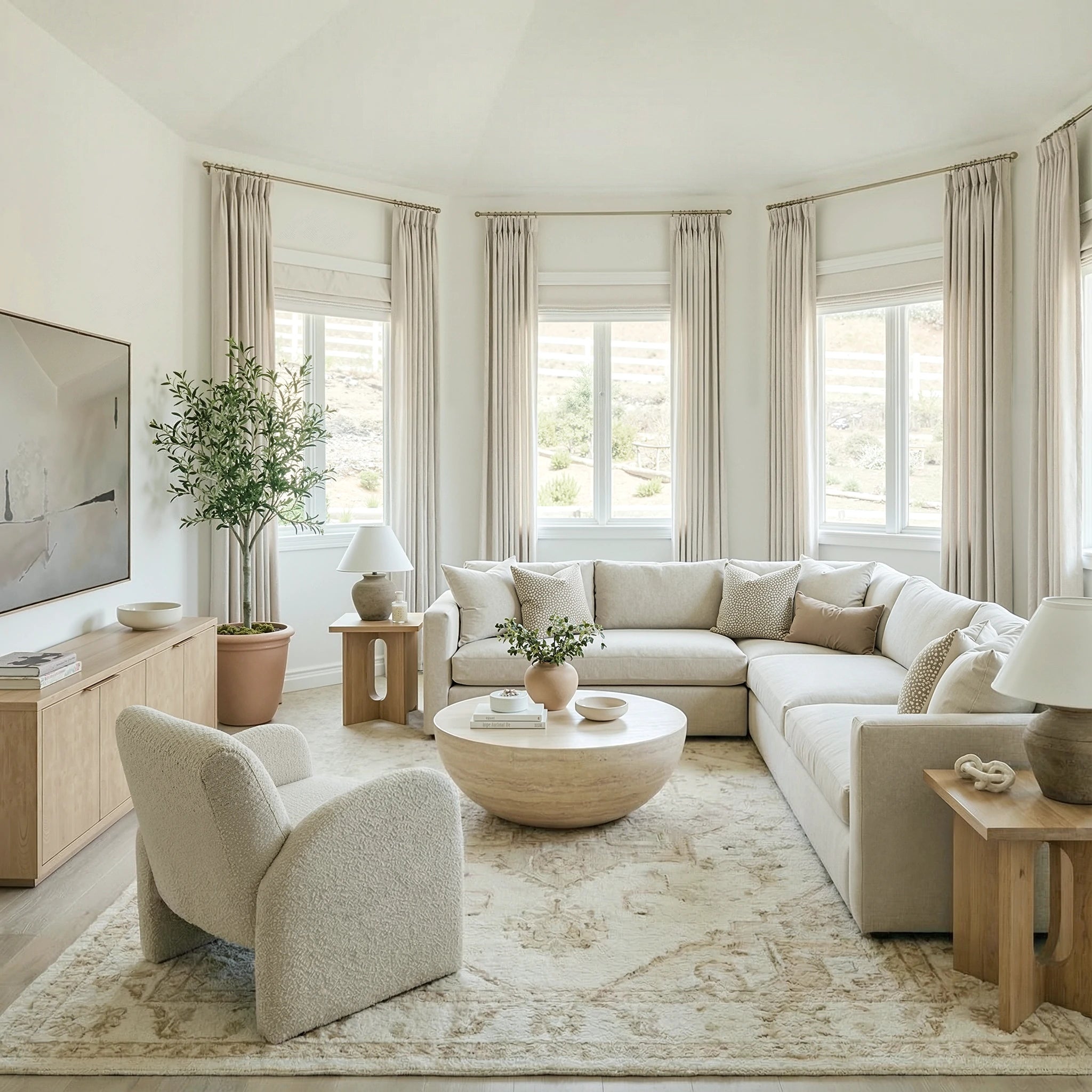 Luxury light filled living room design featuring tailored Ivory John Linen Texture Cotton Curtains on multiple windows
